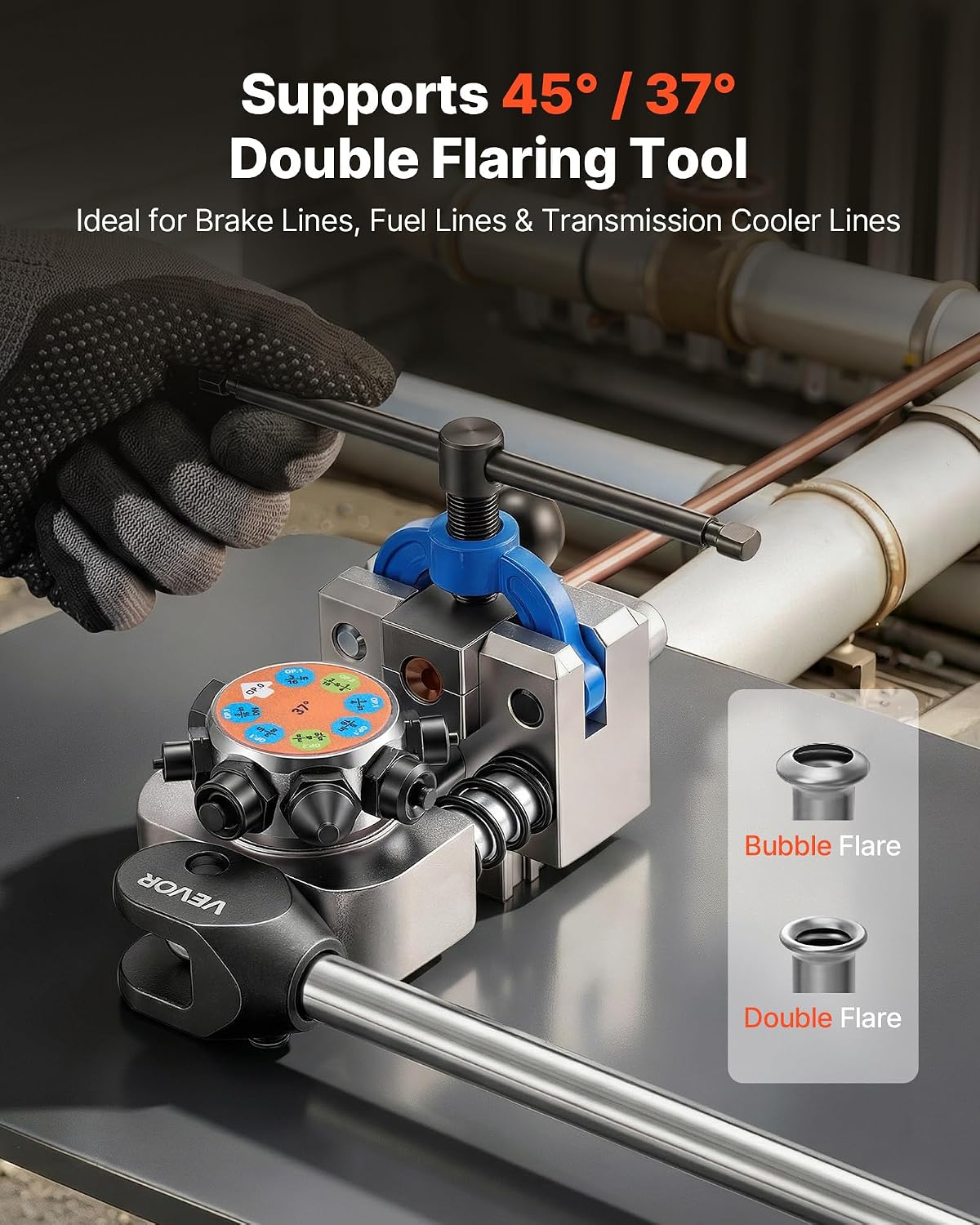 VEVOR Professional Brake Line Flaring Tool, 45 & 37 Degree Double Flare Bubble Flare Tool Kit for 3/16', 1/4', 5/16', 3/8' Copper Aluminum Thin Steel Tubes
