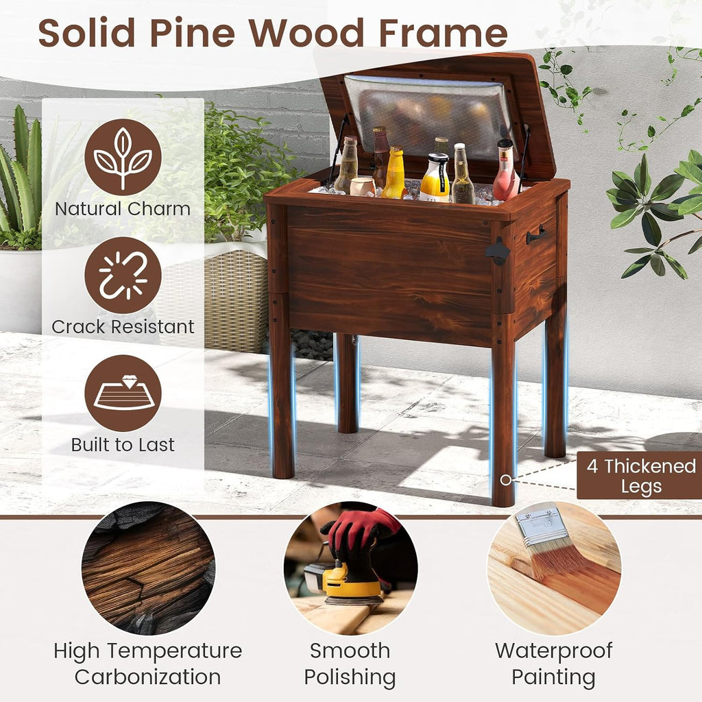 Moccha 54-Quart Wooden Patio Cooler - Outdoor Beverage Cooler w/Bottle Opener, 3-Layer Insulation, Drainage Cap, Pine Wood Ice Chest for Parties, Backyard, Poolside, Deck & BBQ Bar Drink