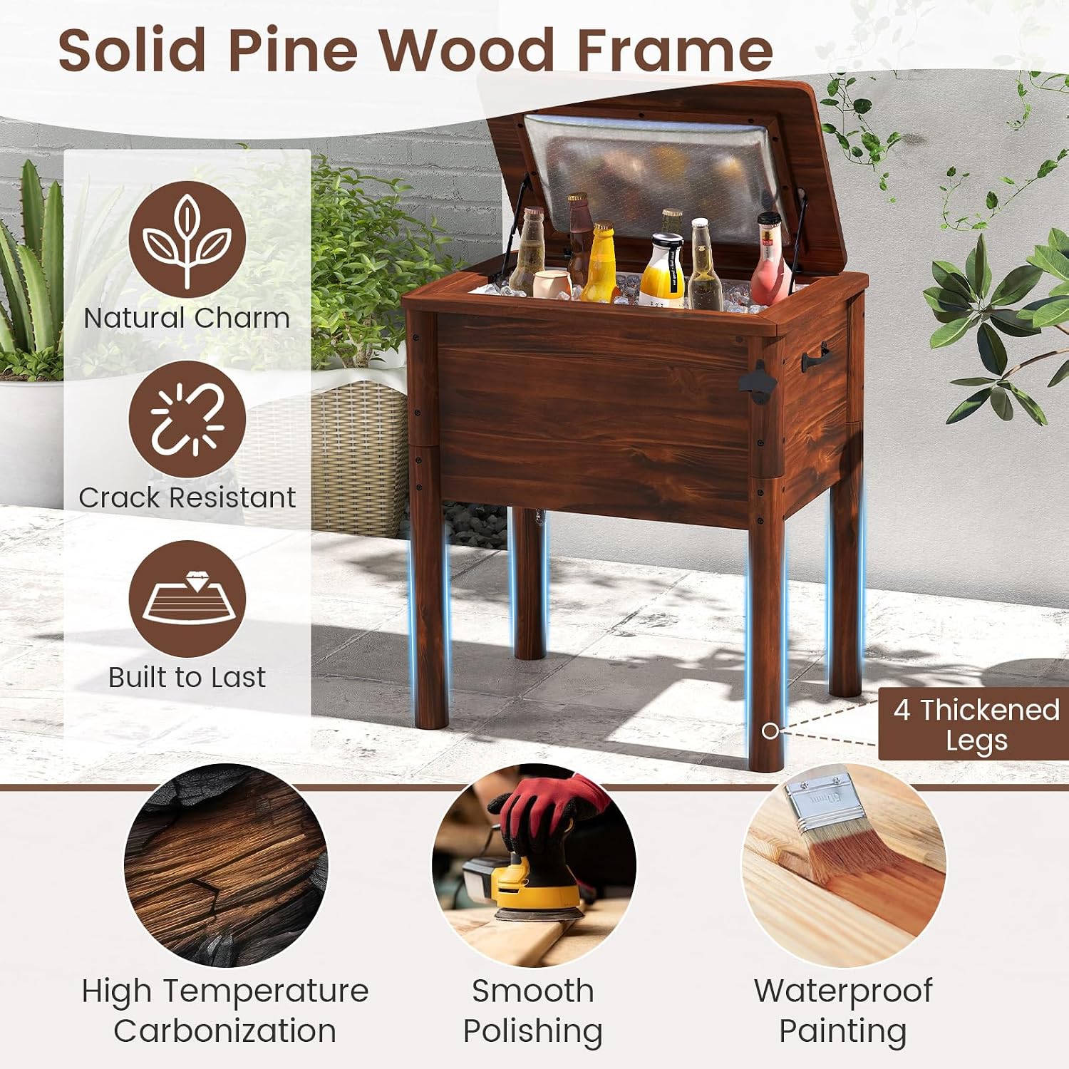 Moccha 54-Quart Wooden Patio Cooler - Outdoor Beverage Cooler w/Bottle Opener, 3-Layer Insulation, Drainage Cap, Pine Wood Ice Chest for Parties, Backyard, Poolside, Deck & BBQ Bar Drink