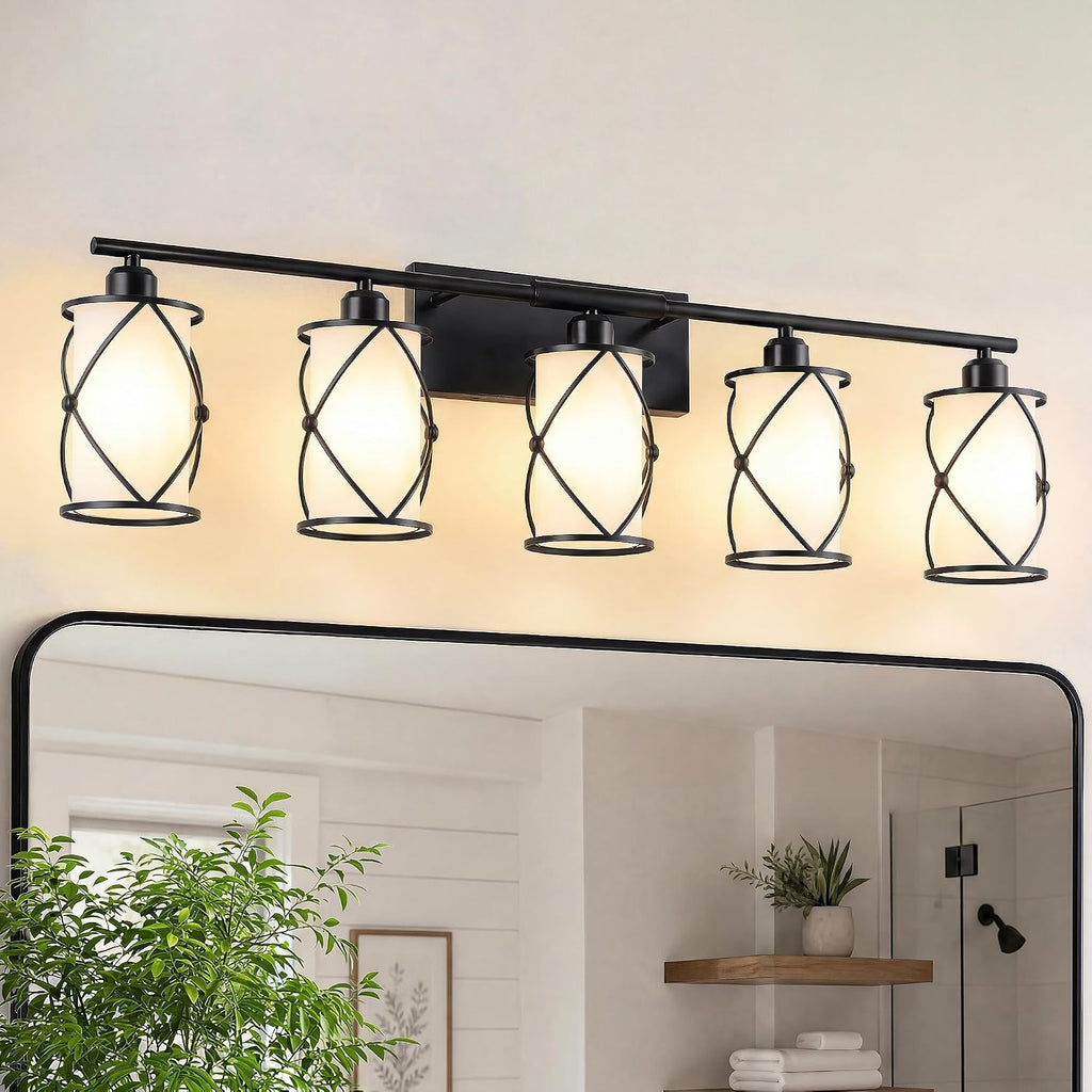5-Light Matte Black Bathroom Light Fixtures Over Mirror, 38' UL-Listed Modern Farmhouse Wall Sconce Lights with Milk White Frosted Glass and Metal Cage for Bath, E26, CH9176BKW-5W