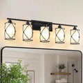 5-Light Matte Black Bathroom Light Fixtures Over Mirror, 38' UL-Listed Modern Farmhouse Wall Sconce Lights with Milk White Frosted Glass and Metal Cage for Bath, E26, CH9176BKW-5W