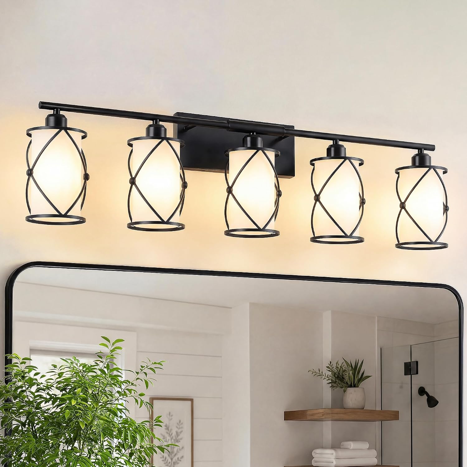 5-Light Matte Black Bathroom Light Fixtures Over Mirror, 38' UL-Listed Modern Farmhouse Wall Sconce Lights with Milk White Frosted Glass and Metal Cage for Bath, E26, CH9176BKW-5W