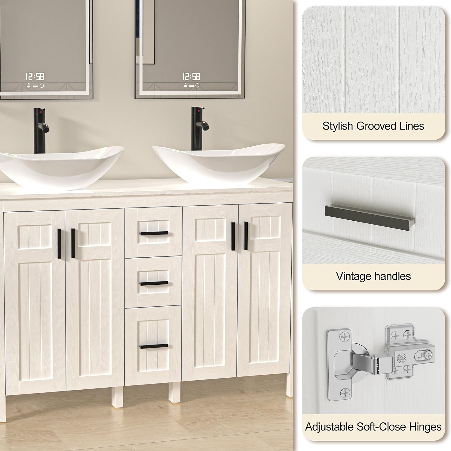 UEV 30' Bathroom Vanity with Sink Combo,Modern Freestanding Sink Cabinet with 3 Drawers,Stylish Bathroom Vanity Cabinet,Grooved Door,Metal Handles,Vessel Sink (Arch Rectangle, 48''White)