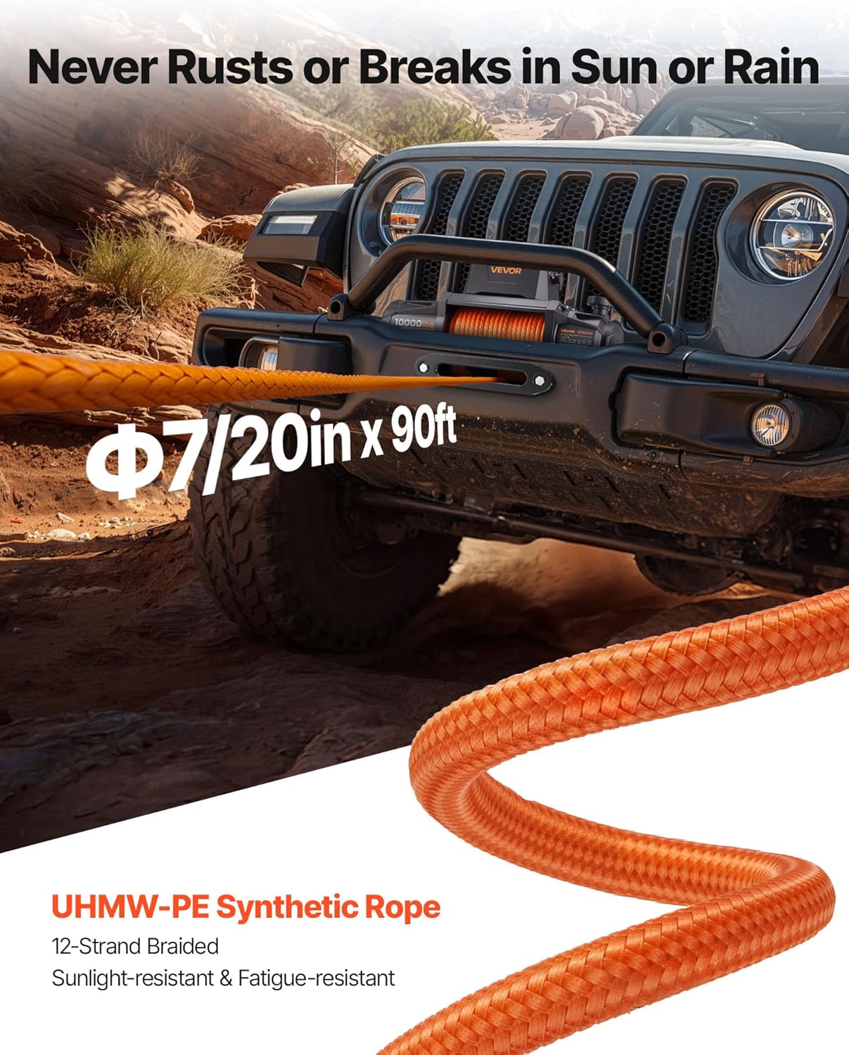VEVOR Electric Winch, 10000 lbs Load Capacity, 12V DC Truck Winch with Φ7/20 in x 90 ft Synthetic Rope, Wireless & Wired Remote Control, IP68 Waterproof for Towing Off-Road SUV Jeep Trailer Boat