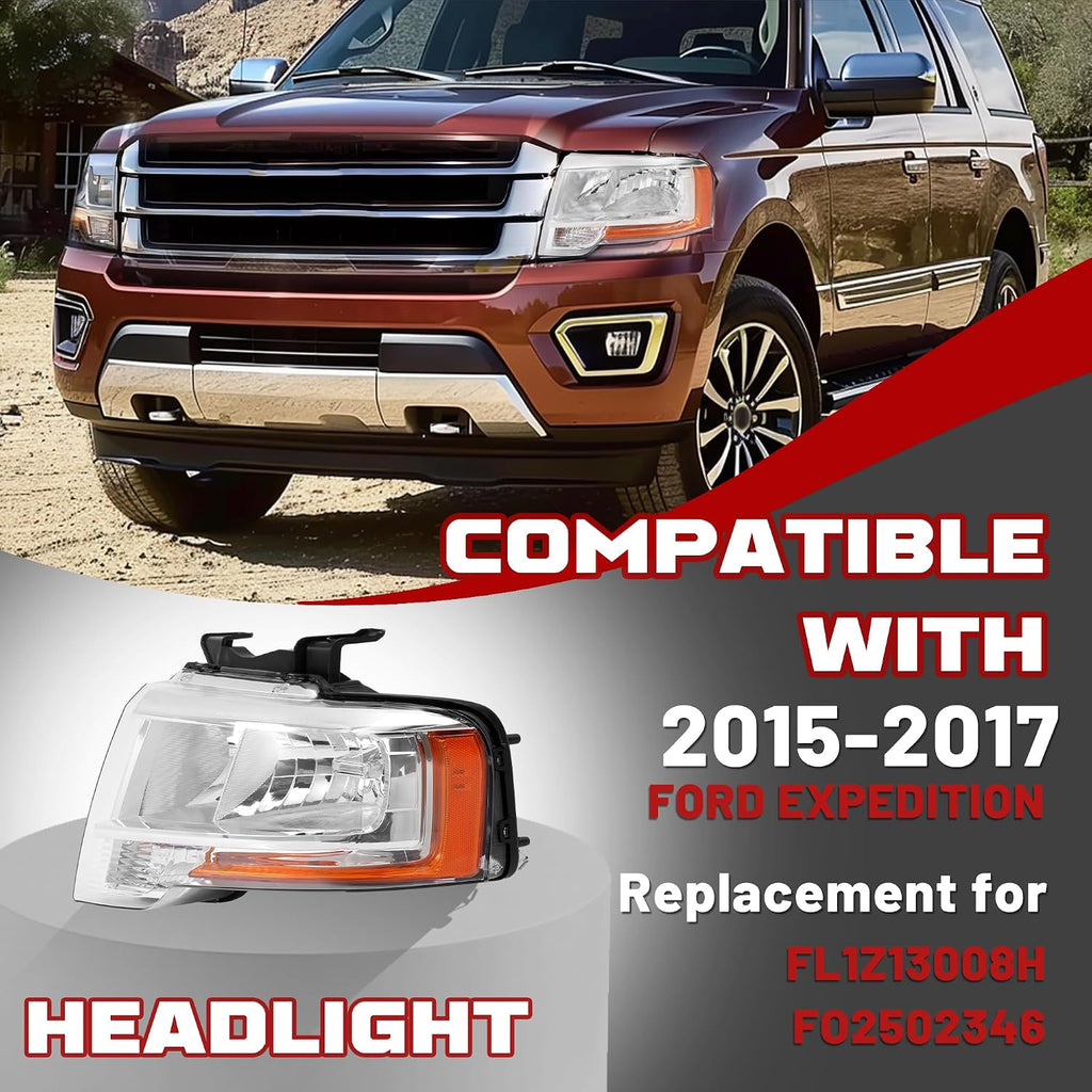 HECASA Left Headlight w/LED Indicator Compatible with 2015 2016 2017 Ford Expedition Replacement for FO2502346 Headlamp Front Light Lamp w/Bulb Driver Side Clear Lens & Chrome Housing