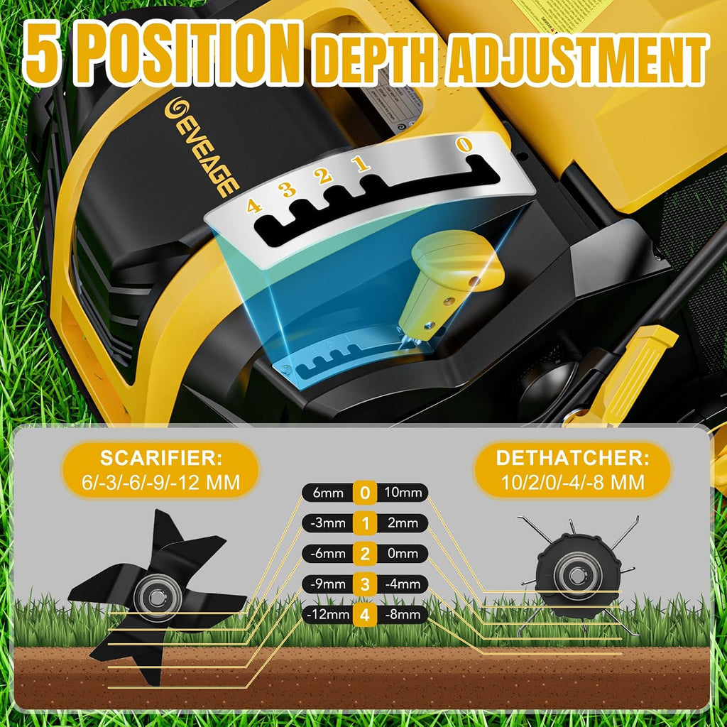 EVEAGE 16-Inch 15 Amp Electric Dethatcher & Scarifier, 2-in 1 Thatcher for Lawn with 5-Position Depth Adjustment, 14.5gal Collection Bag, Increases Lawn Health