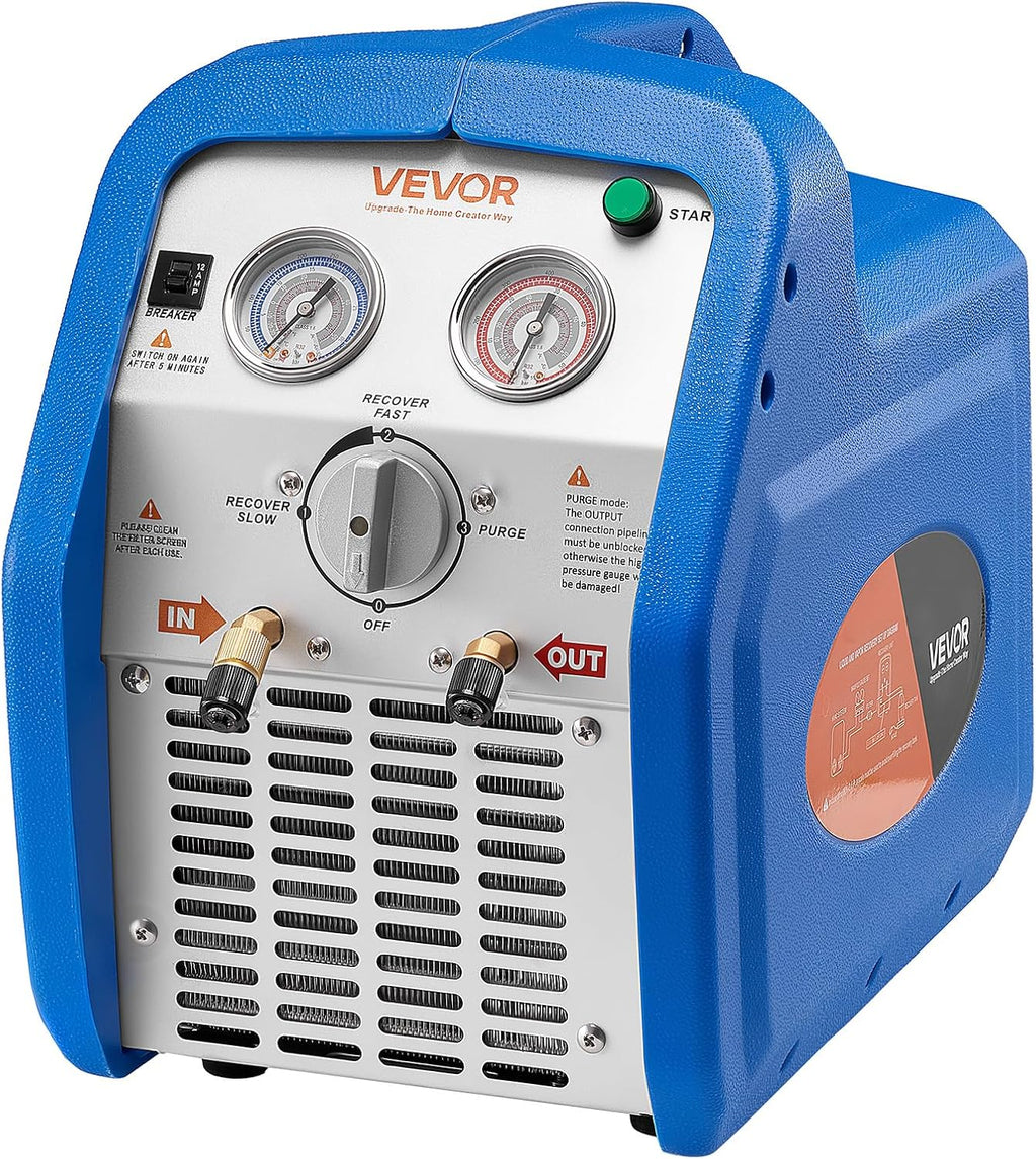VEVOR Portable Refrigerant Recovery Machine, 1 HP 120V 60Hz Dual Cylinder AC Recovery Machine for Liquid Vapor Refrigerant, 1750 RPM Recycling Unit HVAC for Automotive & Household Air Conditioning