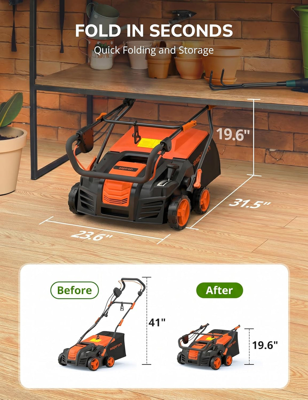 16' Artificial Turf Vacuum, 1800w Grass Sweeper 15 Amp Lawn Sweeper Yard Power Brush with 55L Removable Leaf Collection Bag, Quick-Fold, Keeps Clear Sweepy Box, Orange