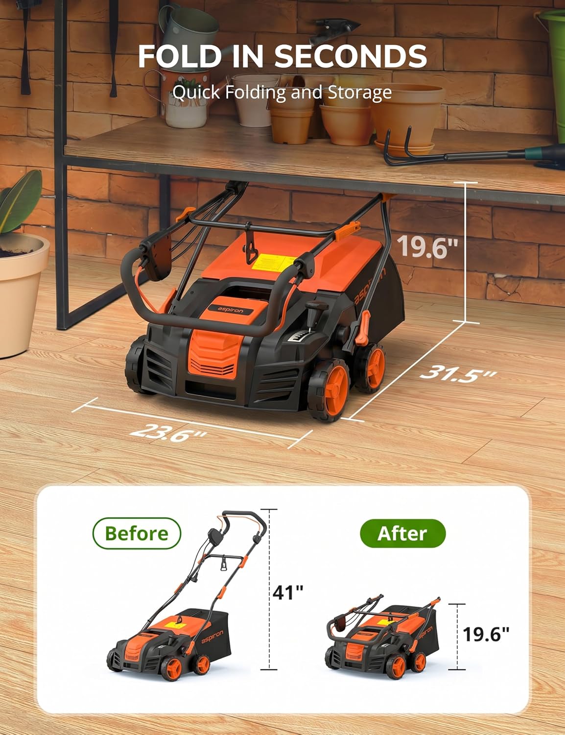 16' Artificial Turf Vacuum, 1800w Grass Sweeper 15 Amp Lawn Sweeper Yard Power Brush with 55L Removable Leaf Collection Bag, Quick-Fold, Keeps Clear Sweepy Box, Orange