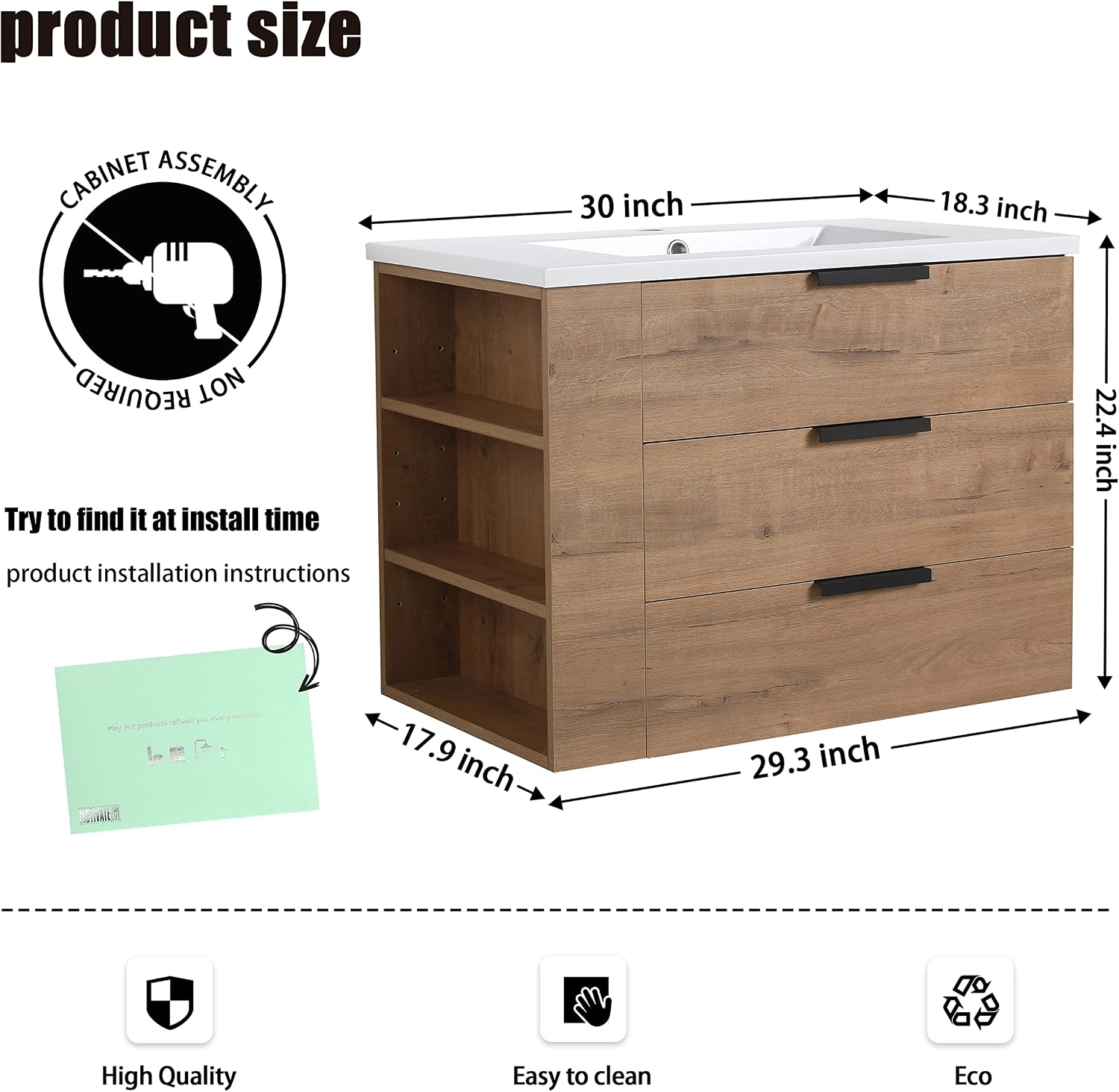 30' Bathroom Vanity with Sink, 30 Inch Floating Vanity with 3 Drawers, Modern Single Sink Bathroom Vanity Combo, Brown Wall Mounted Cabinet Set with Open Shelf (IMO-014, 30''W x 18''D(L))