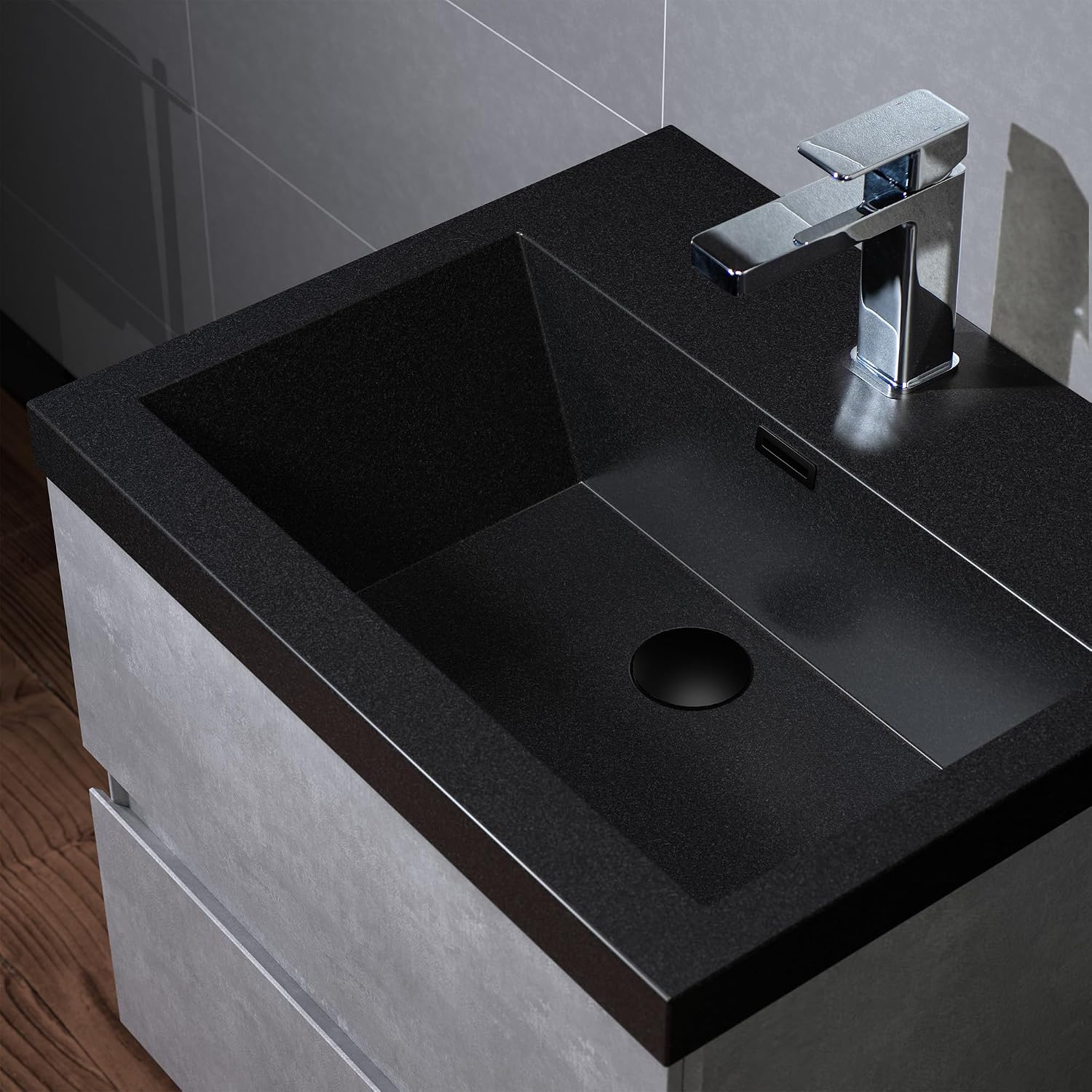 WOODBRIDGE 24 in. W x 19 in. D Wall Mounted Floating Bathroom Vanity in Gray with Quartz Sand Composite Vanity Top in Matte Black