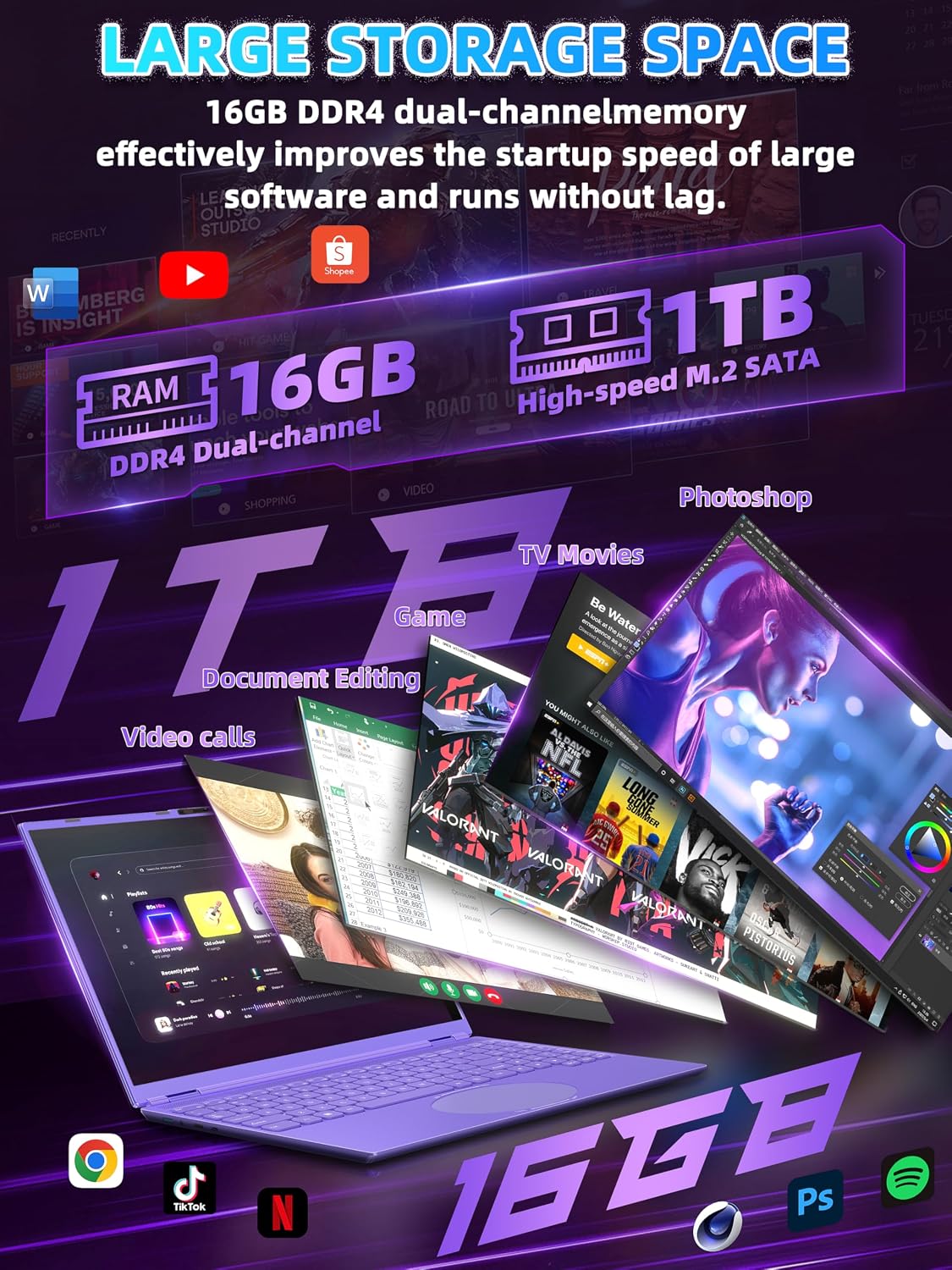 16' Purple Laptop, 1920x1200 FHD IPS Display, Quad-Core N95 Processor (Up to 3.4GHz), 16GB RAM 1TB SSD, Color Backlit KB, Face Recognition & Gesture Touchpad, Win 11 Pro, for Business Student