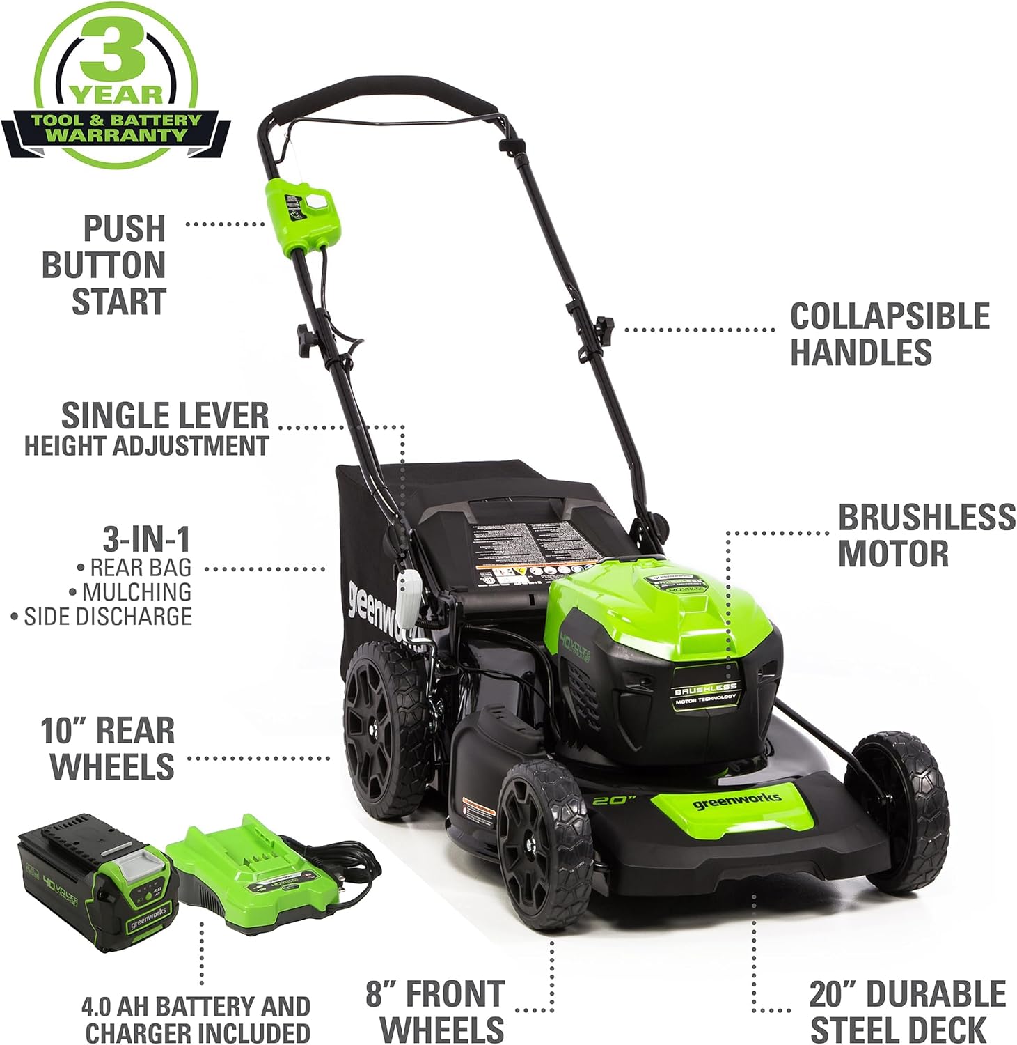 Greenworks 40V 20' Cordless Push Lawn Mower Bundle with Axial Leaf Blower(500 CFM / 120 MPH), 12' String Trimmer, 5Ah + 2Ah Batteries & Chargers