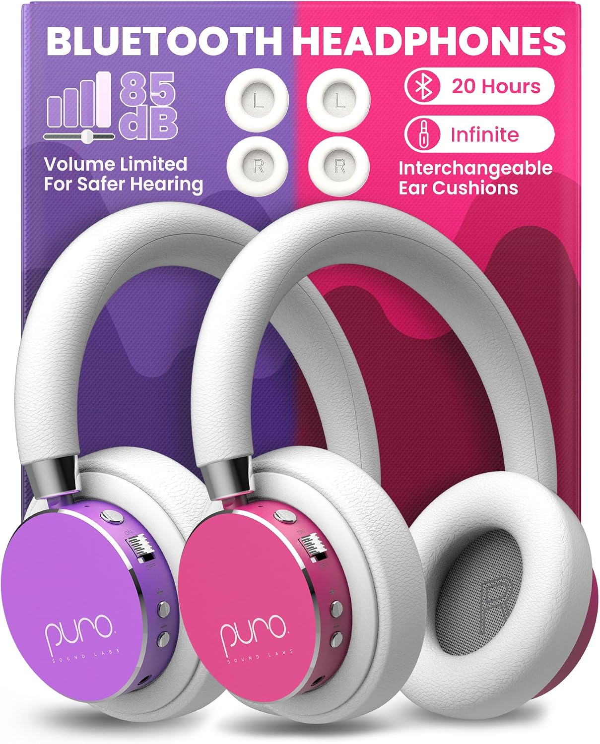 Puro Sound Labs BT2200 Plus Volume Limited Headphones for Kids, Bluetooth, Studio-Grade Audio, Over-Ear & Comfy Design, 20-Hr Battery Life, Easy to Connect Wireless Headphones for Kids, Purple & Pink