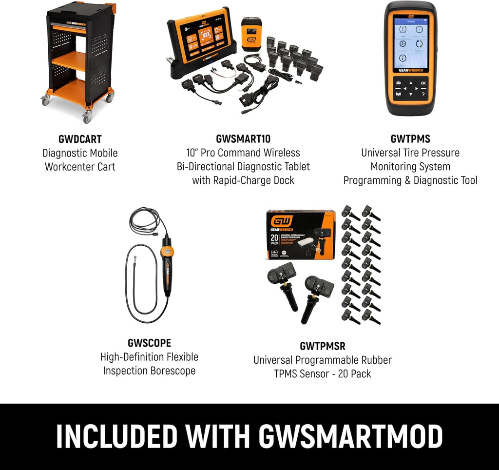 GEARWRENCH 5 pc. Automotive Diagnostic Set with Cart – 10' Bidirectional Diagnostic Tablet, TPMS Programming Tool & 20 Rubber Valve Sensors, HD USB-C Endoscope Camera, Mobile Work Cart | GWSMARTMOD