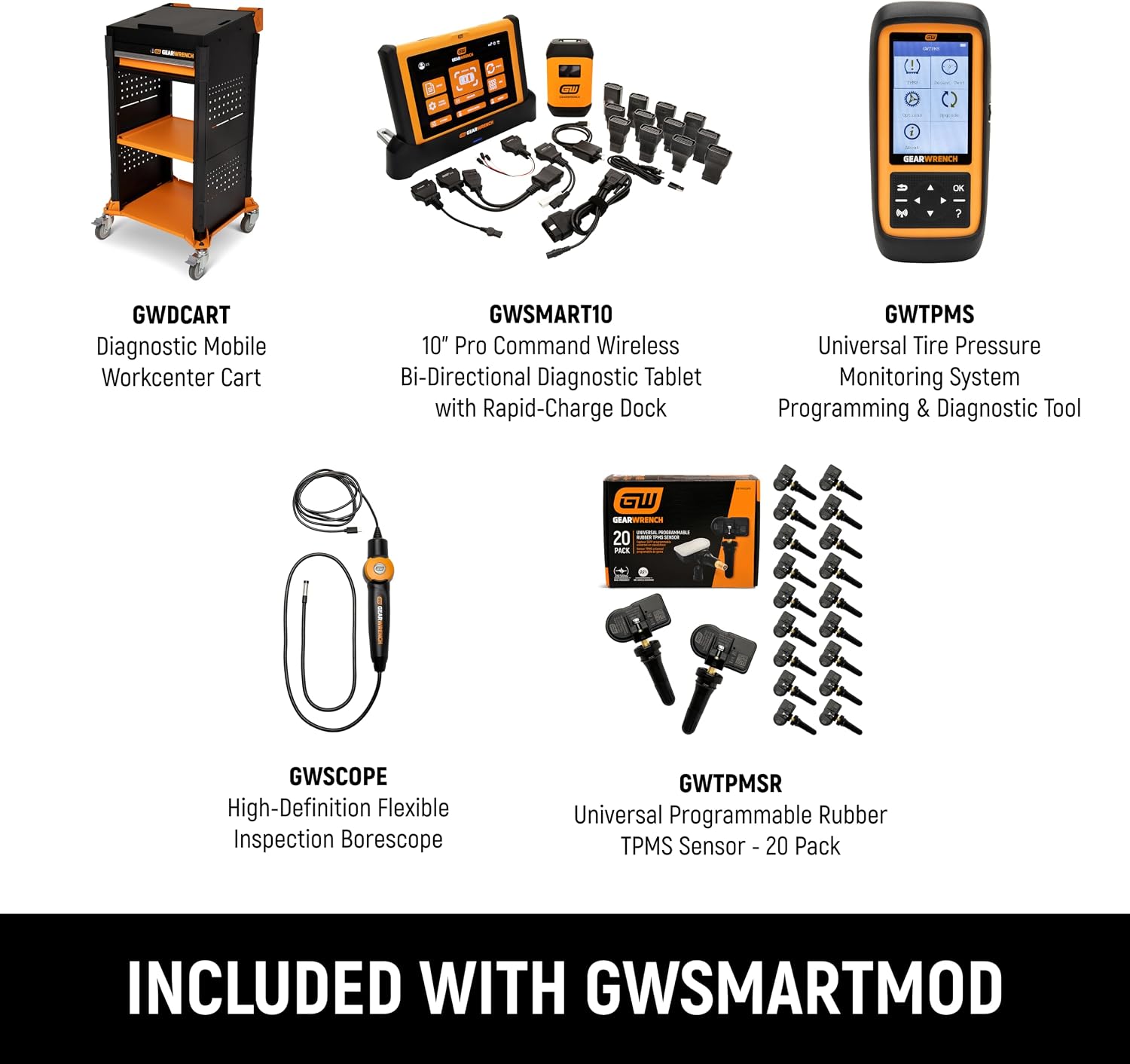 GEARWRENCH 5 pc. Automotive Diagnostic Set with Cart – 10' Bidirectional Diagnostic Tablet, TPMS Programming Tool & 20 Rubber Valve Sensors, HD USB-C Endoscope Camera, Mobile Work Cart | GWSMARTMOD