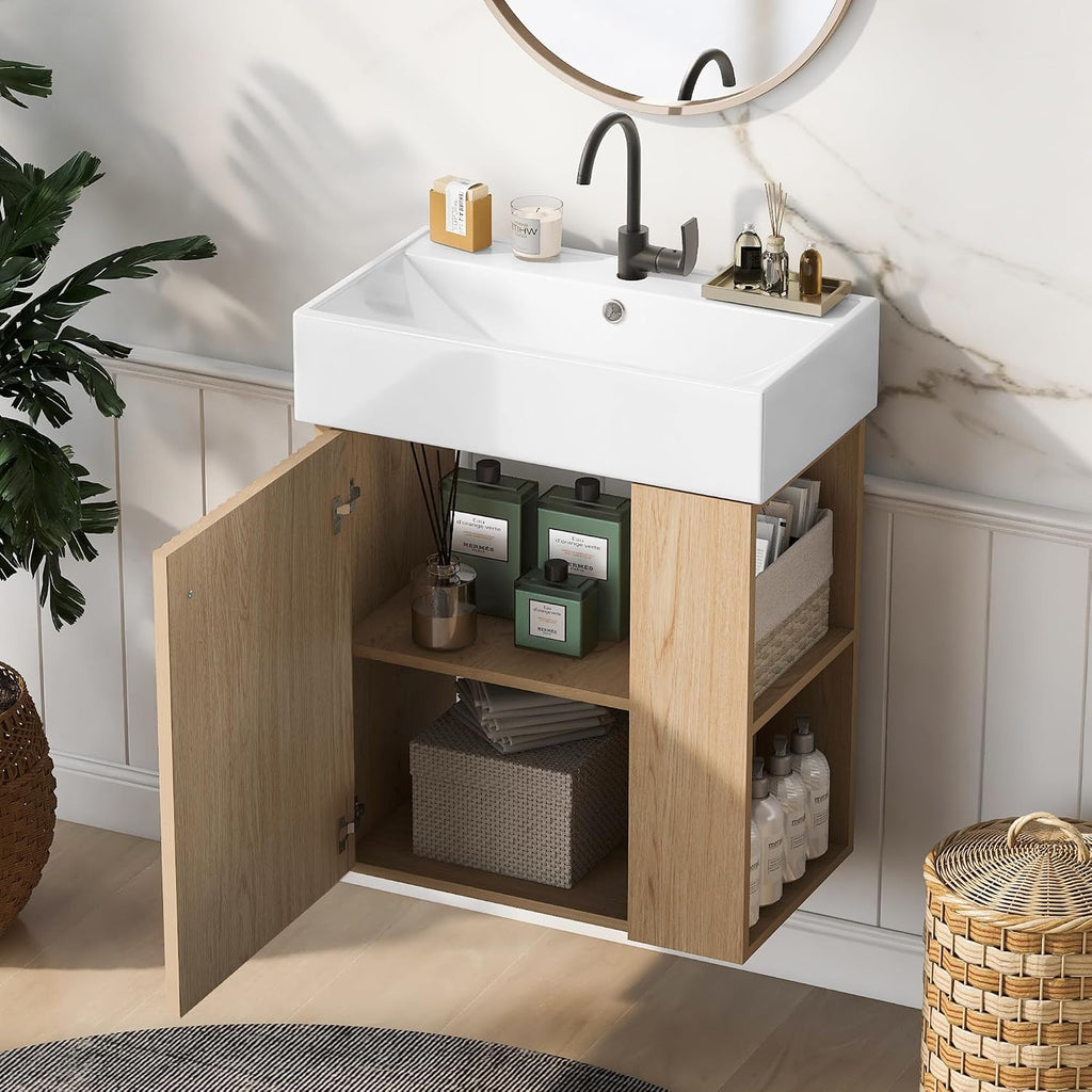 21.6-inch Bathroom Vanity with Sink Combo, Wall-Mounted Single Storage Cabinet with One Cabinet & Right 2-Tier Shelves, Wooden Vanity with Ceramic Basin for Bathroom, Wood