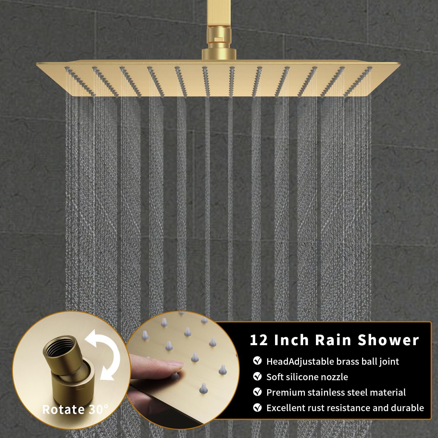 Brushed Gold Shower Fixtues Tub AYIVG Shower Faucet Set Combo Ceiling Mounted Shower System with 12 Inch Shower Head and Tub Spout Temperature Control Display Push Botton Shower Diverter Valve