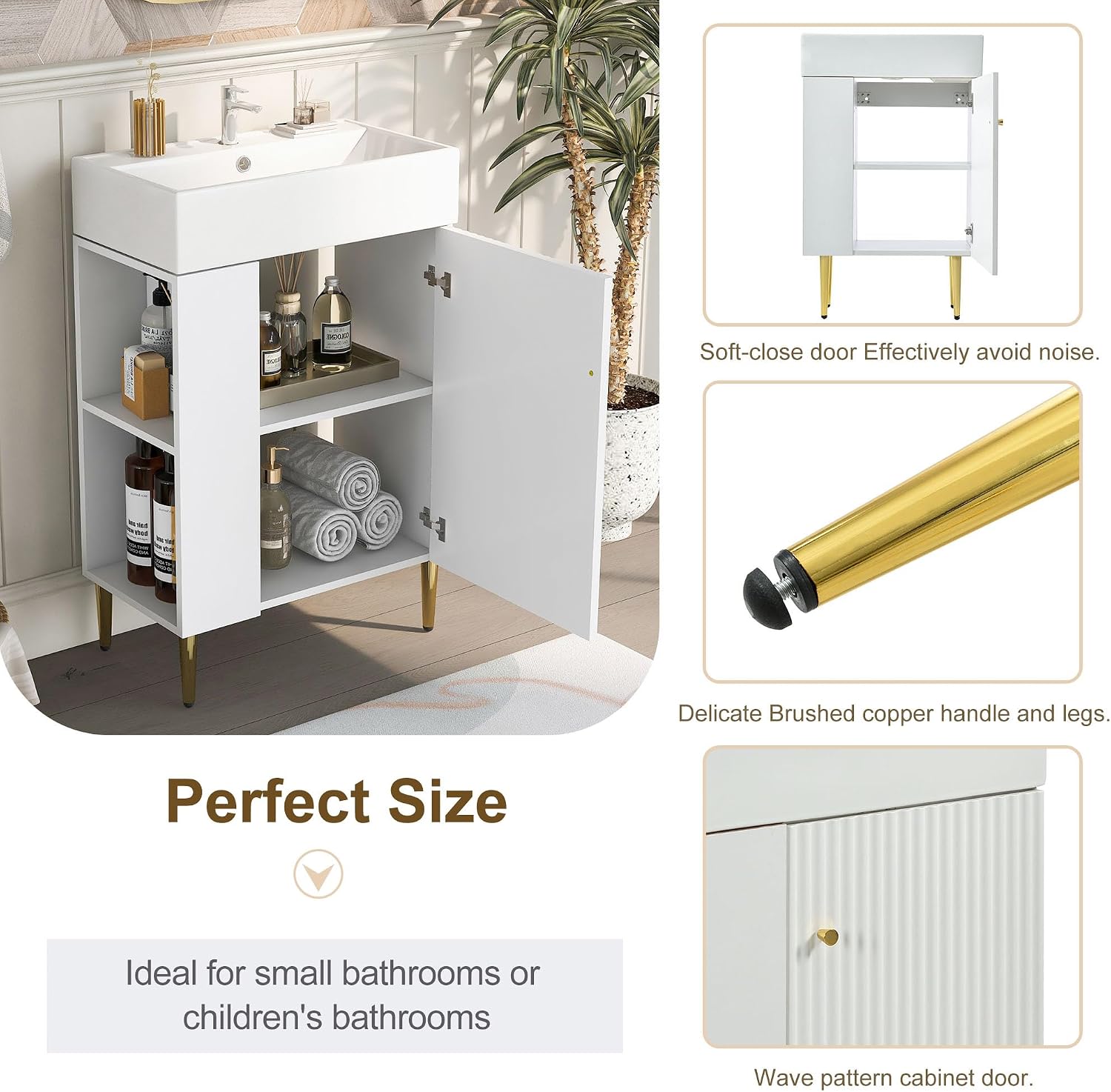 Merax 21.6' Single Sink Bathroom Vanity, Freestanding Bathroom Vanity with Open Shlef, Wood Bathroom Cabinet with Ceramic Basin Sink Top, White