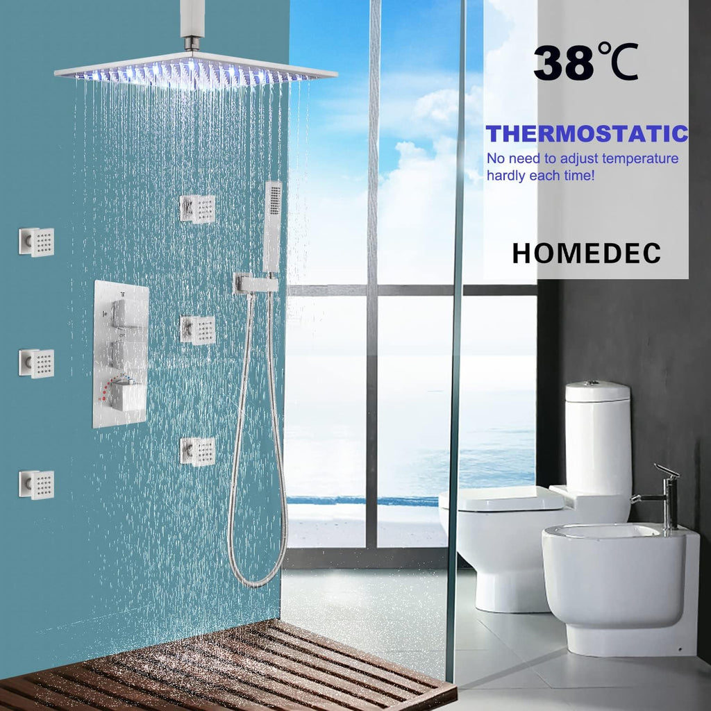 HOMEDEC Rain Shower System with Body Jets, 12inch Thermostatic Full Body Spray Shower Faucet Set, Brushed Nickel