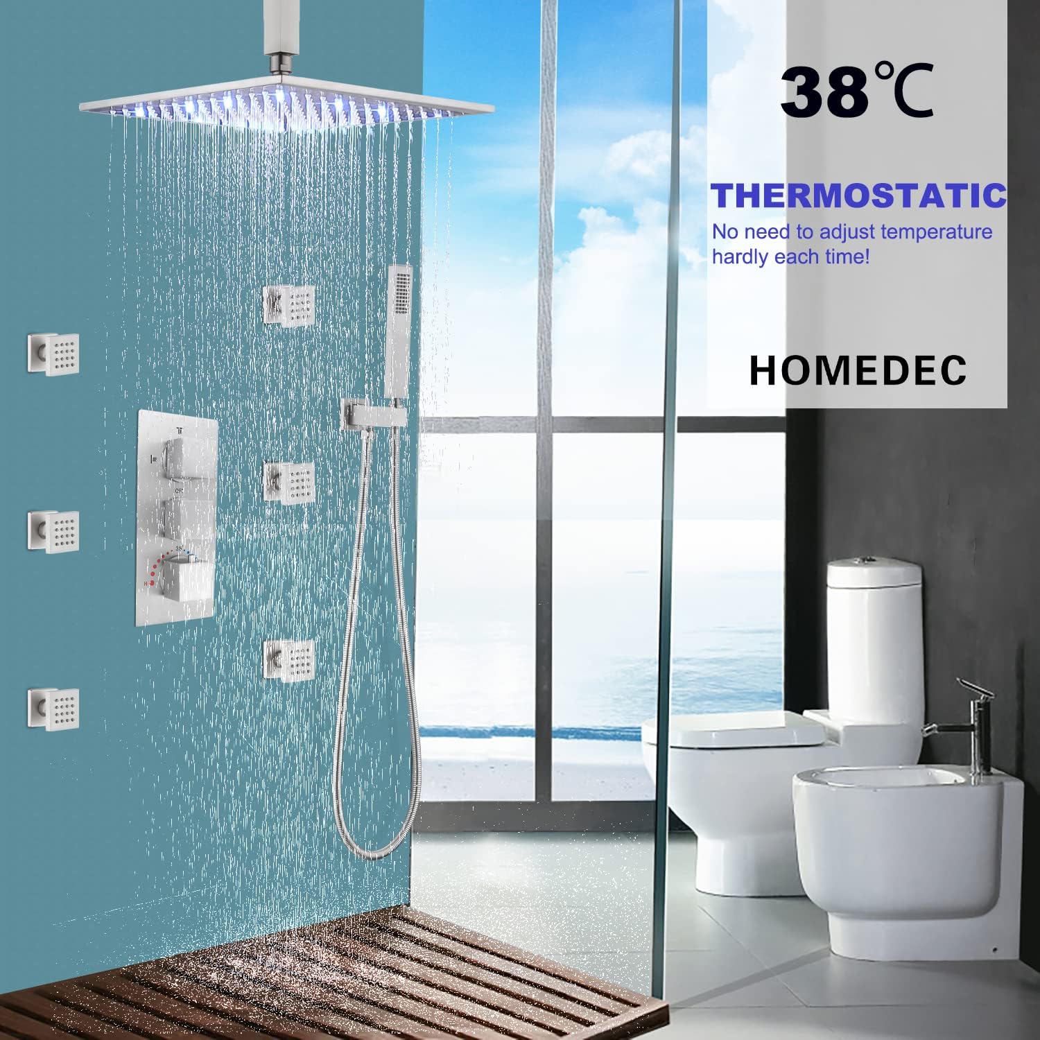 HOMEDEC Rain Shower System with Body Jets, 12inch Thermostatic Full Body Spray Shower Faucet Set, Brushed Nickel
