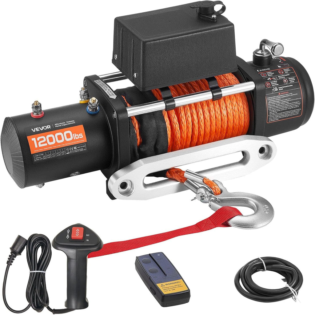 VEVOR Electric Winch, 12000 lbs Load Capacity, 12V DC Truck Winch with Φ0.36 in x 75.5 ft Synthetic Rope, Wireless & Wired Remote Control, IP55 Waterproof for Towing Off-Road SUV Jeep Trailer