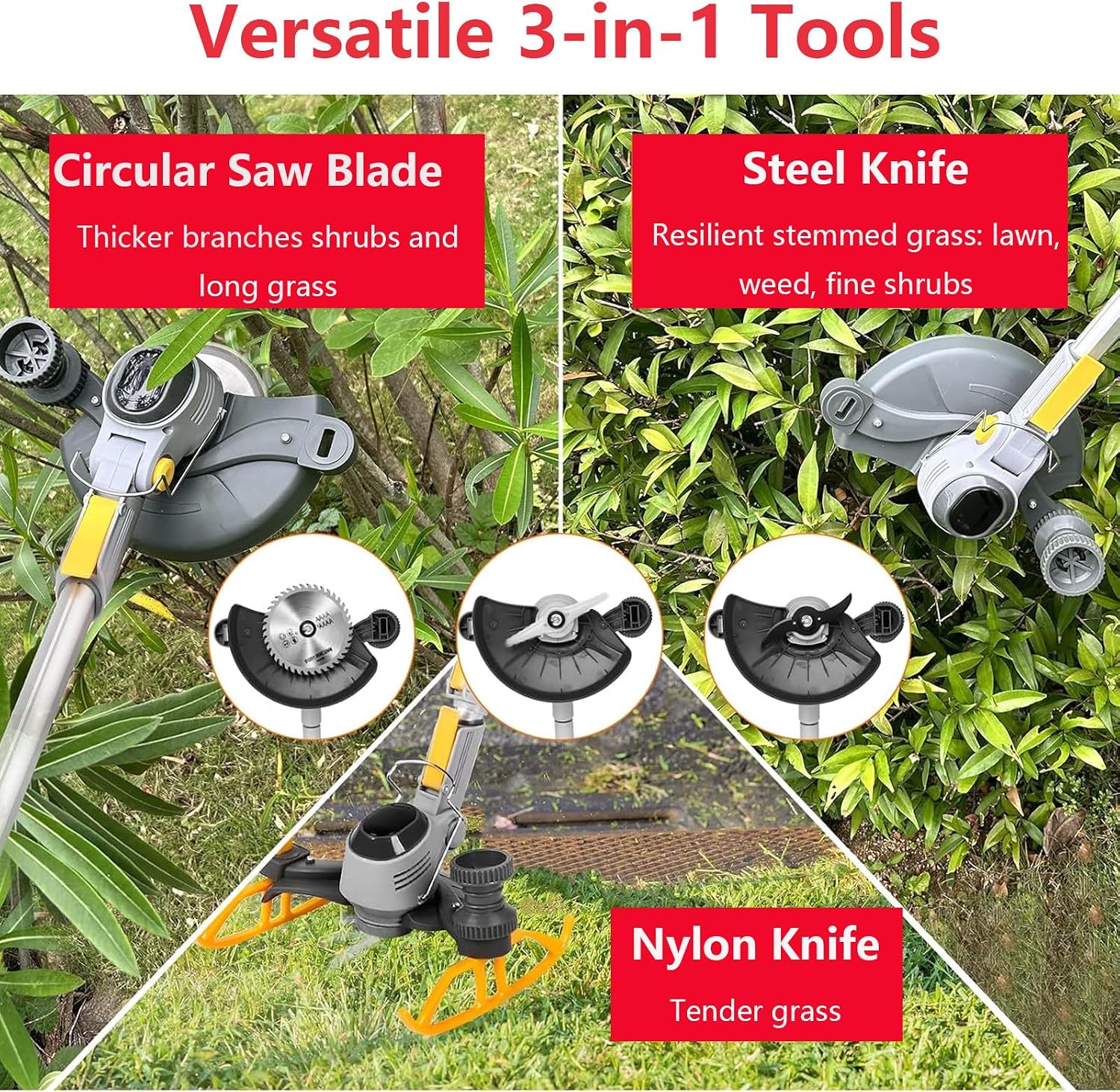 Cordless Weed Wacker & Edger, 3-in-1 Weed Trimmer Battery Operated, Electric Grass Edger Trimmer with 3 Cutting Blade Types, Lawn Mower for Patio Lawn Garden