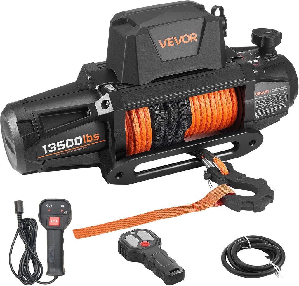 VEVOR Electric Winch, 13500 lbs Load Capacity, 12V DC Truck Winch with Φ3/8 in x 92 ft Synthetic Rope, Wireless & Wired Remote Control, IP68 Waterproof for Towing Off-Road SUV Jeep Trailer Boat