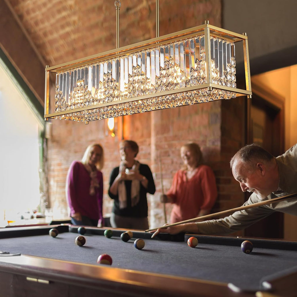 Q&S Modern Crystal Chandelier,Gold Rectangular Chandelier 6-Light,Luxury K9 Crystal Pendant Light for Dining Room Kitchen Island Bar Pool Table Hotel Office UL Listed