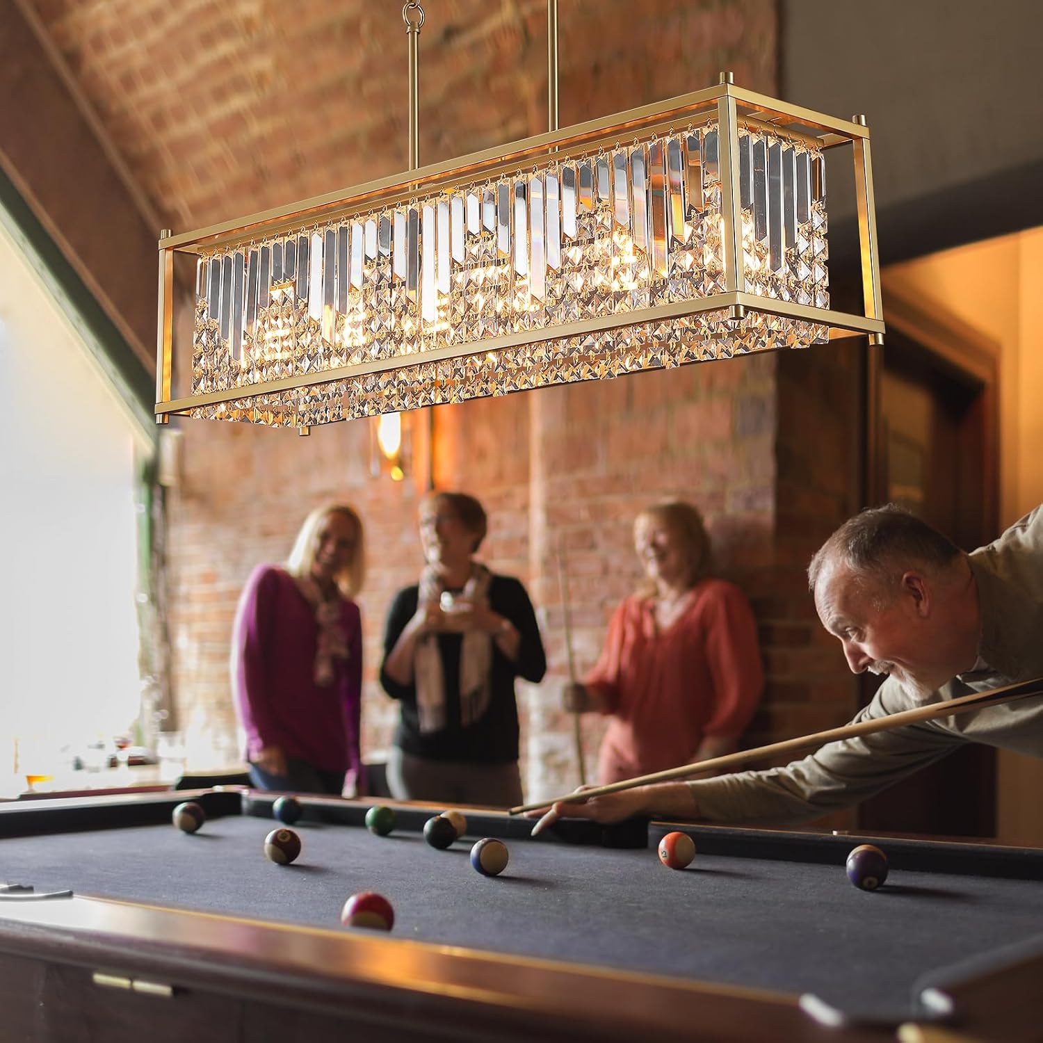 Q&S Modern Crystal Chandelier,Gold Rectangular Chandelier 6-Light,Luxury K9 Crystal Pendant Light for Dining Room Kitchen Island Bar Pool Table Hotel Office UL Listed