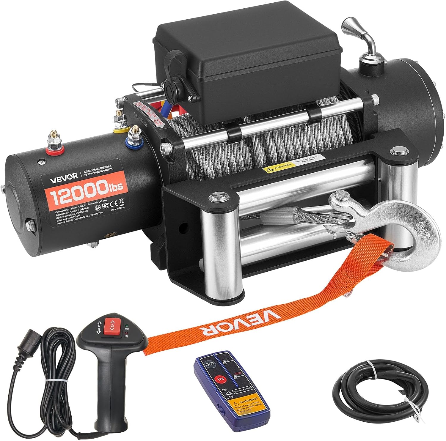 VEVOR Electric Winch, 12000 lbs Load Capacity, 12V DC Truck Winch with Φ0.36 in x 80 ft Steel Rope, Wireless & Wired Remote Control, IP55 Waterproof for Towing SUV Jeep Trailer Boat Off-Road Vehicle