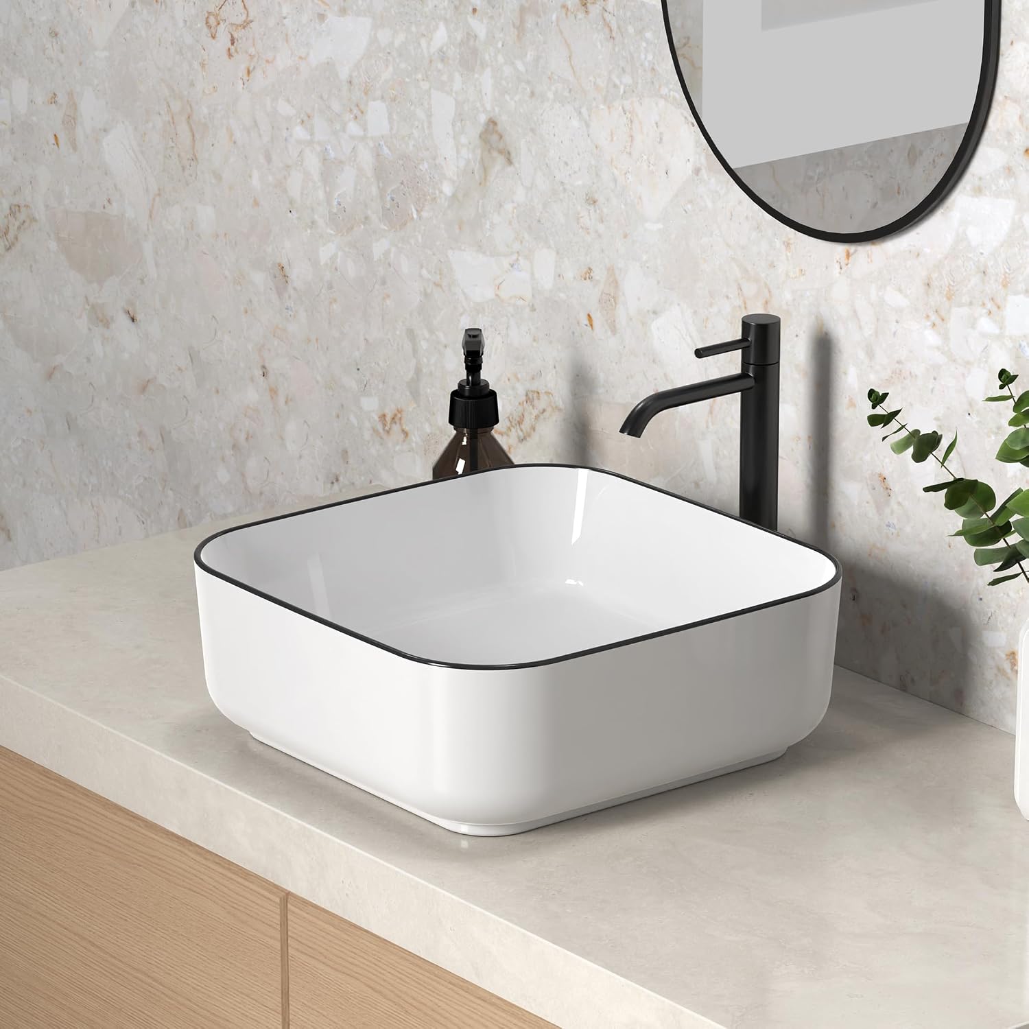Countertop Bathroom Vessel Sink Black Trim Design 15 Inch Square, White Vessel Sink for Bathroom, Modern Ceramic Above Counter Bathroom Vanity Sink, Porcelain, CBS136
