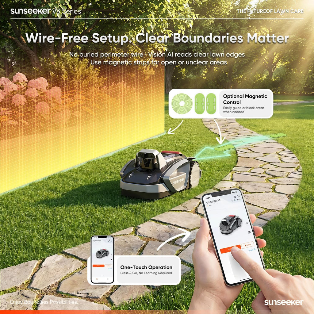 Sunseeker V3 Wireless Robot Lawn Mower for Small Yards, 0.15 Acre/6,400 Sq. Ft., Vision AI Obstacle Detection, One-Click Start, App Control, Auto Recharge, 42% Slope