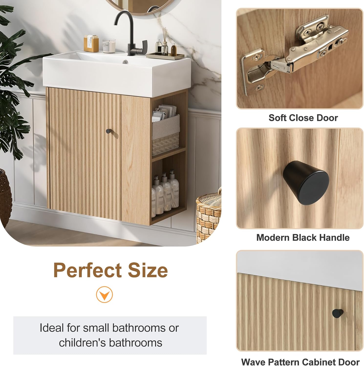 21.6-inch Bathroom Vanity with Sink Combo, Wall-Mounted Single Storage Cabinet with One Cabinet & Right 2-Tier Shelves, Wooden Vanity with Ceramic Basin for Bathroom, Wood