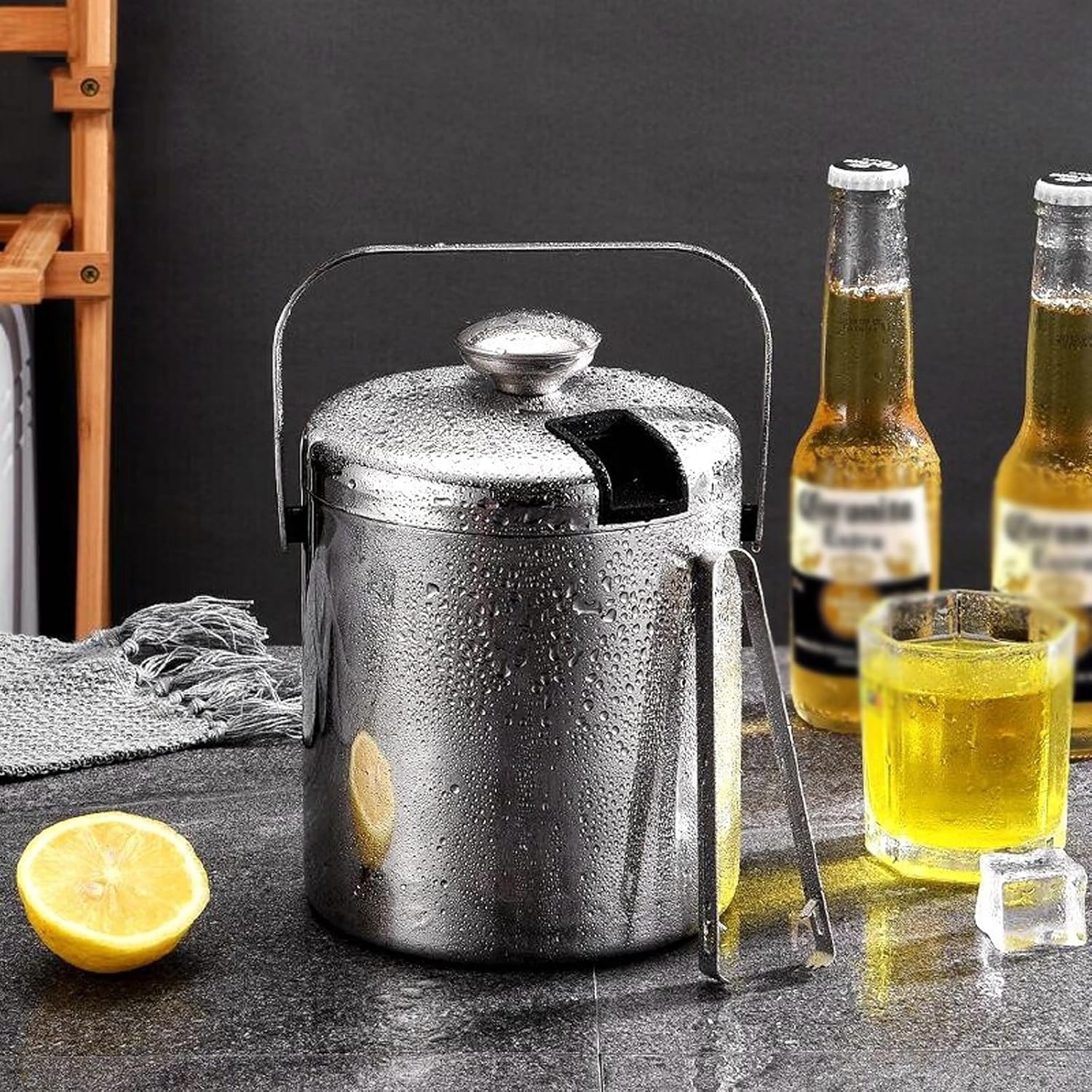 Ice Bucket Ice Bucket for Freezer Ice Bucket with Lid, Tongs and Strainer Double Wall Stainless Steel Insulated Ice Bucket, Ideal for Cocktail Bar, Chilling Wine, Champagne Ice Buckets Party Cooler Dr