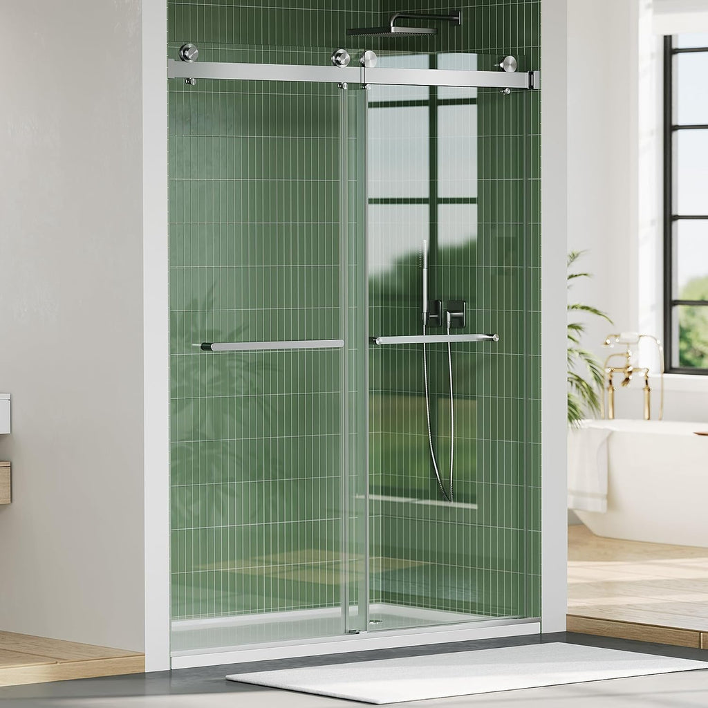 Glass Shower Door 48 Inches,44-48' W x 74' H Frameless Dual Sliding Shower Glass Door with 6mm Tempered Clear Glass and Stainless Steel Square Rail,Brushed Sliver