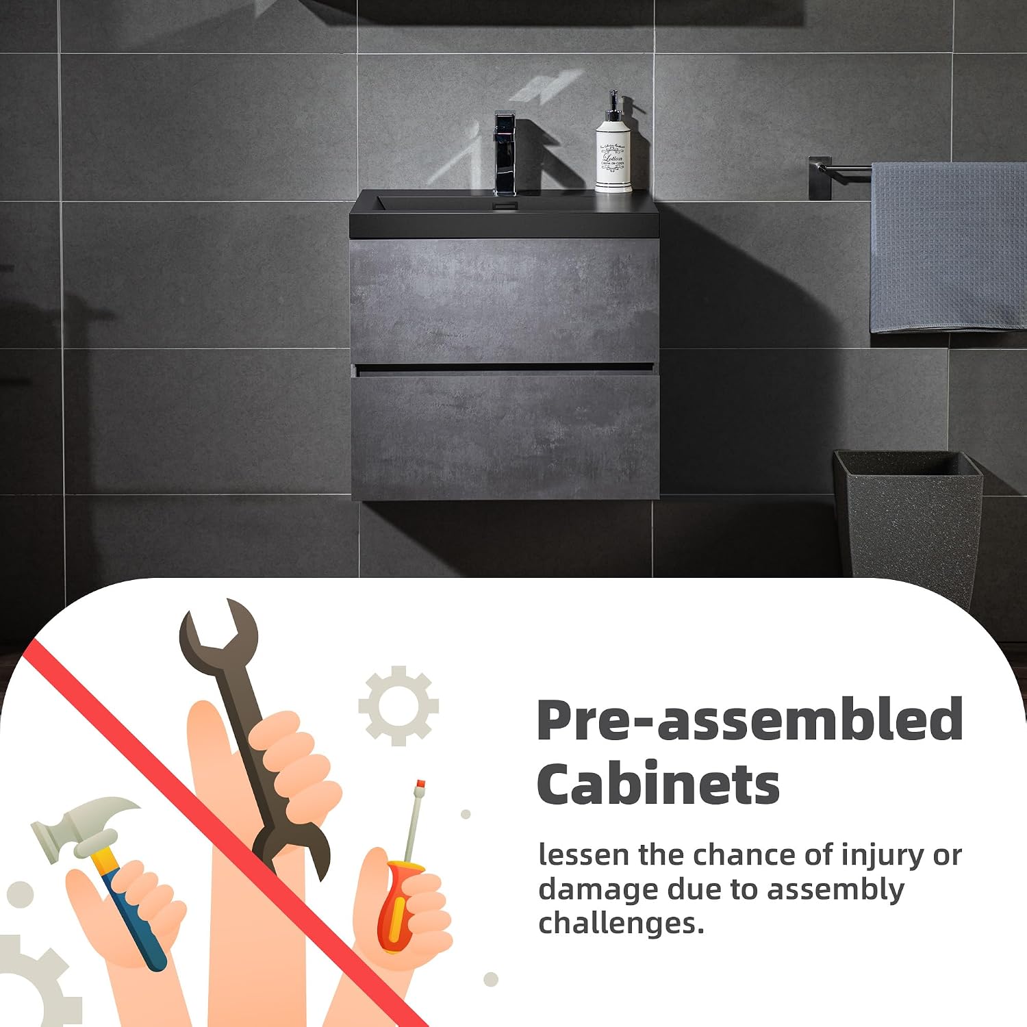 WOODBRIDGE 24 in. W x 19 in. D Wall Mounted Floating Bathroom Vanity in Gray with Quartz Sand Composite Vanity Top in Matte Black