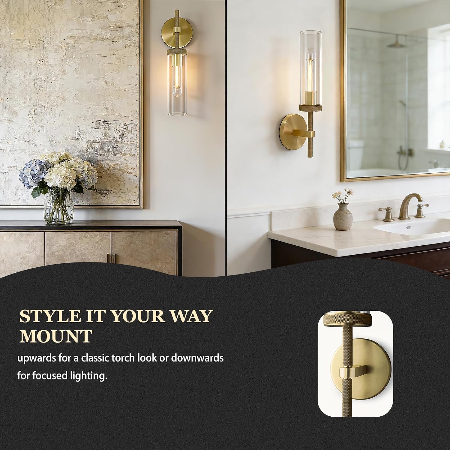 Knurled Wall Sconces Set of Two, Brass Wall Sconce Lights, 14' Gold Bathroom Wall Sconces, Glass Linear Sconce Wall Lighting, Vanity Lights Bathroom Light Fixture Wall Lights for Living Room