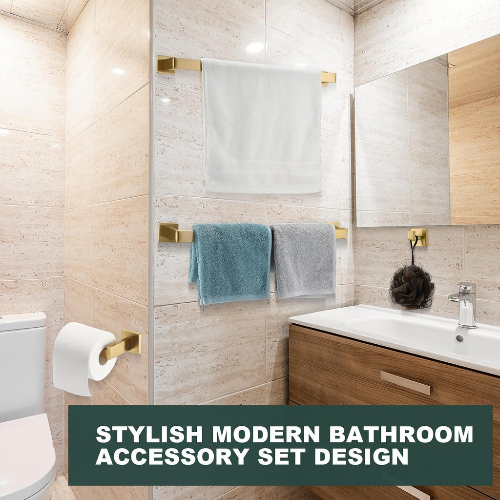 Gisafai 20 Pcs Gold Bathroom Hardware Accessories Set 23.6 Inch Bath Towel Bar Kit Stainless Steel Bathroom Hardware Set Towel Racks Ring Robe Hooks Paper Holder for Wall Mounted