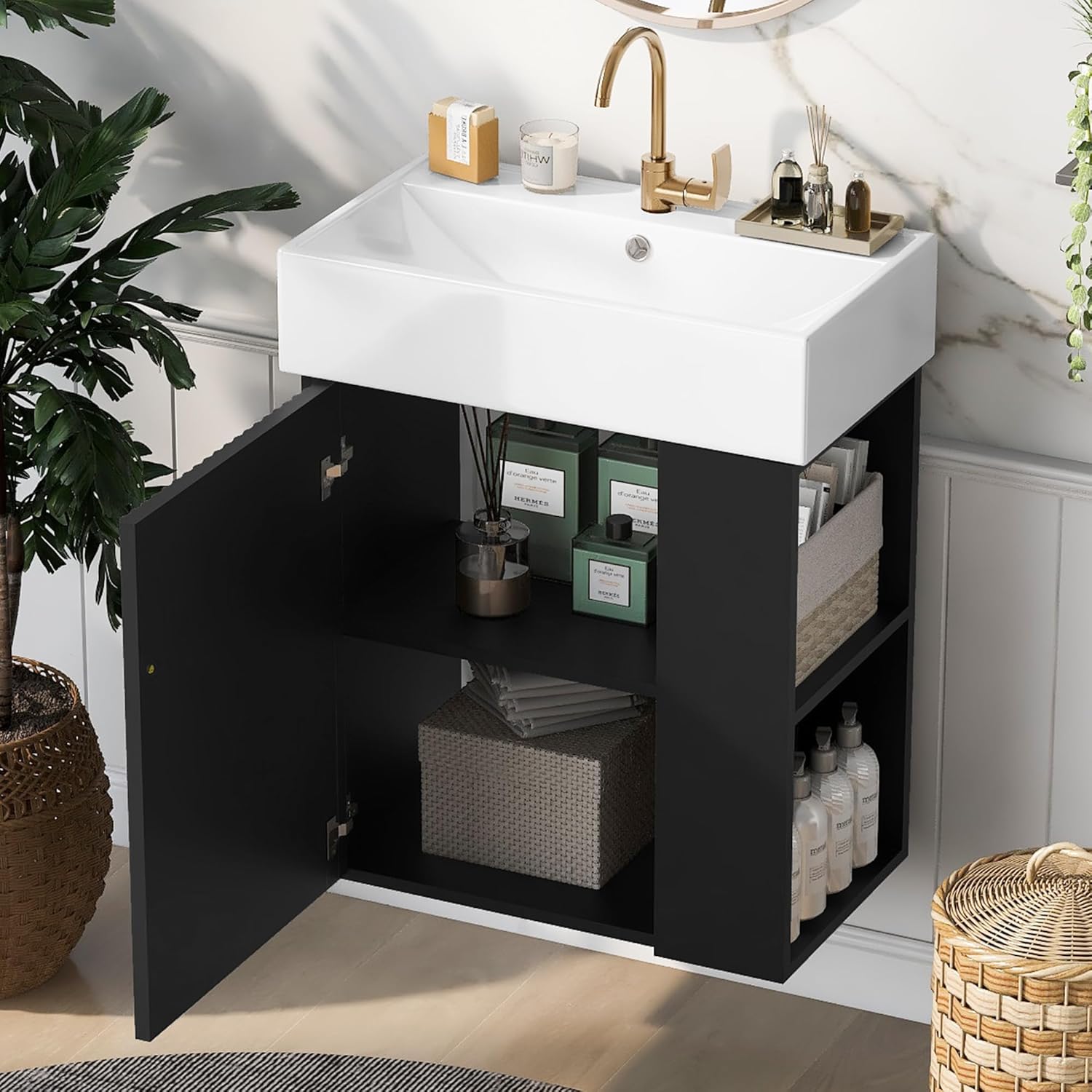 21.6-inch Bathroom Vanity with Sink, Wall-Mounted Bath Vanity Cabinet with Storage Cabinet & Right Two-Tier Shelf, Solid Wood Organizer with Ceramic Sink for Bathroom, Black