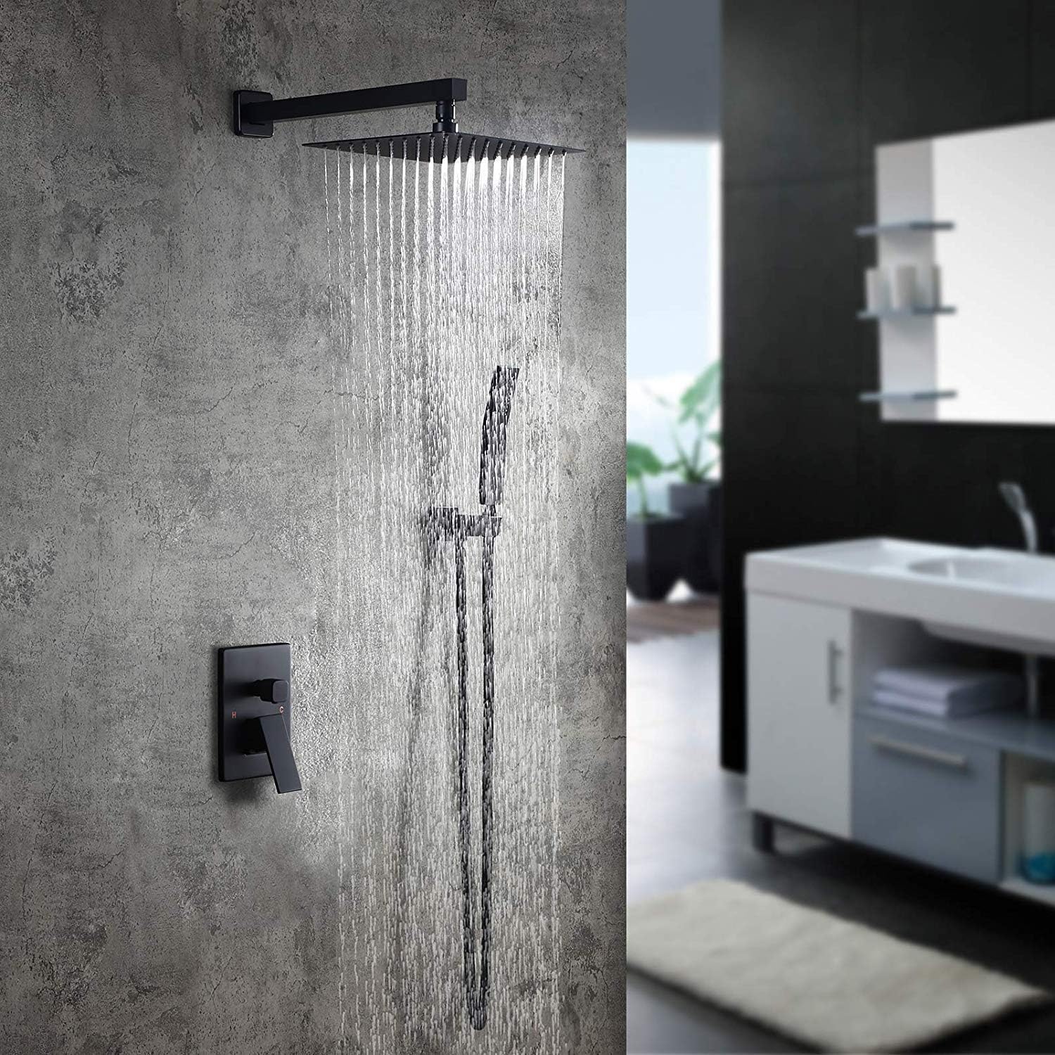 LaseVe Shower Head -PE Shower System, Wall Mounted Rain Shower Set 12' Square Shower Head Handheld Shower Modern Dual Function Shower Fixture for Bathroom, Solid Brass Matte Black Shower Set