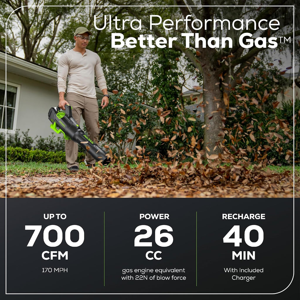 Greenworks 80V (700 CFM / 170 MPH) Brushless Cordless Leaf Blower (Turbo Button, Cruise Control, 26 CC Gas Equivalent), 2.5Ah Battery (200 Wh Max) + Rapid Charger