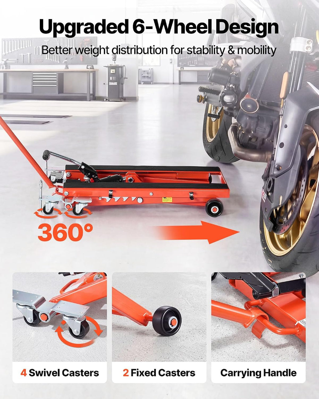 VEVOR Hydraulic Motorcycle Lift Jack, 1100 lbs Capacity, Scissor Lift Jack Portable Motorcycle Hoist Stand with 6 Wheels, 4.72'-15.15' Height Range, Hydraulic Foot-Operated Hoist Stand for Dirt Bikes