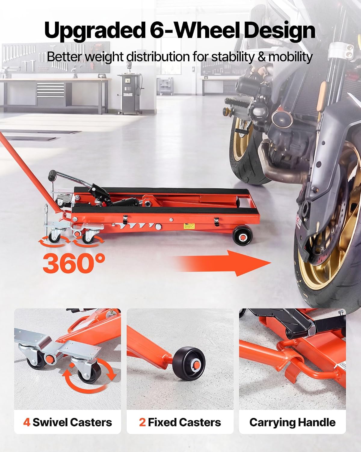 VEVOR Hydraulic Motorcycle Lift Jack, 1100 lbs Capacity, Scissor Lift Jack Portable Motorcycle Hoist Stand with 6 Wheels, 4.72'-15.15' Height Range, Hydraulic Foot-Operated Hoist Stand for Dirt Bikes