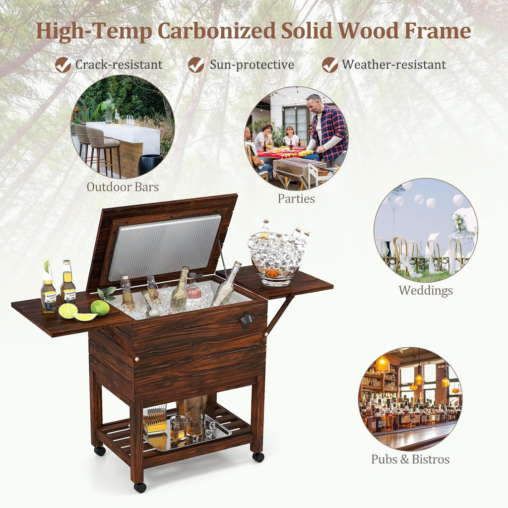 Moccha 54-Quart Rolling Cooler Cart - Wooden Rolling Ice Chest Cooler Cart w/ 2 Drop Leaf Tables, Bottle Opener, Pine Wood Outdoor Beverage Cooler, Patio Cooler on Wheels for Parties Yard Pool Deck
