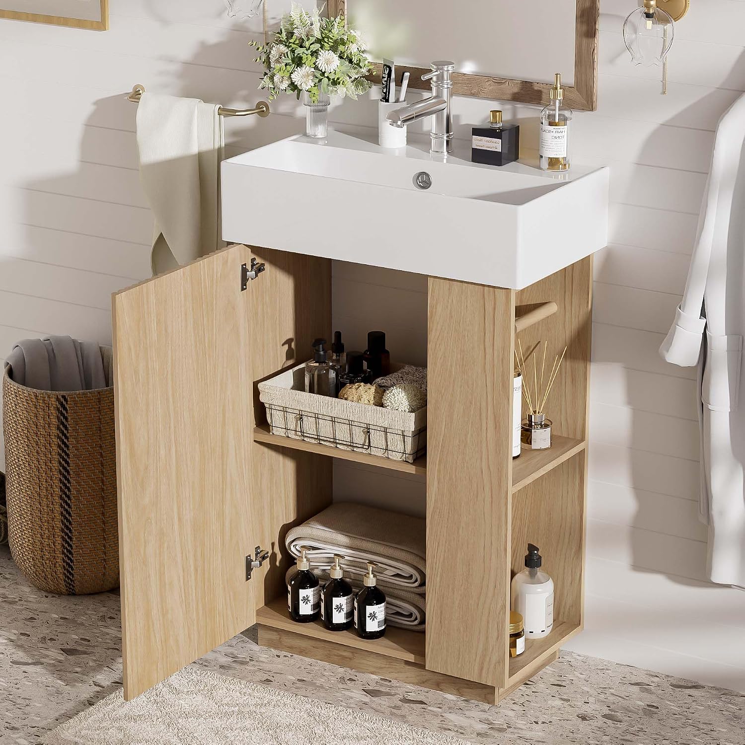 21.6-inch Bathroom Vanity with Reversible Sink, Free-Standing Single Storage Cabinet with One Left Door and Side Open Shelf, Vanity with Ceramic Basin for Bathroom (Wood)