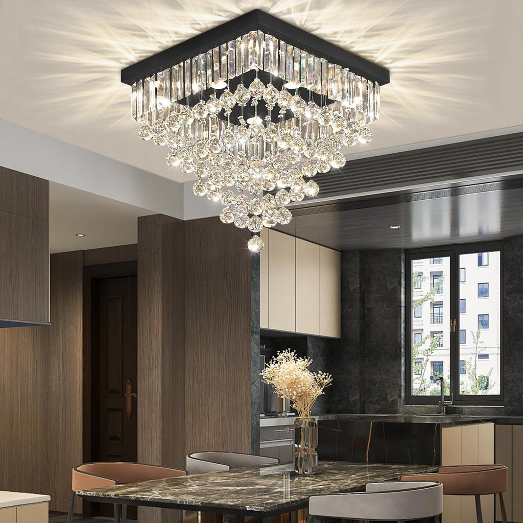 Luxury 20' Square K9 Crystal Flush Mount Chandelier, Modern Black 6-Light LED Ceiling Light, Dimmable Chandeliers Fixture for Dining Room, Living Room, Bedroom, Entryway