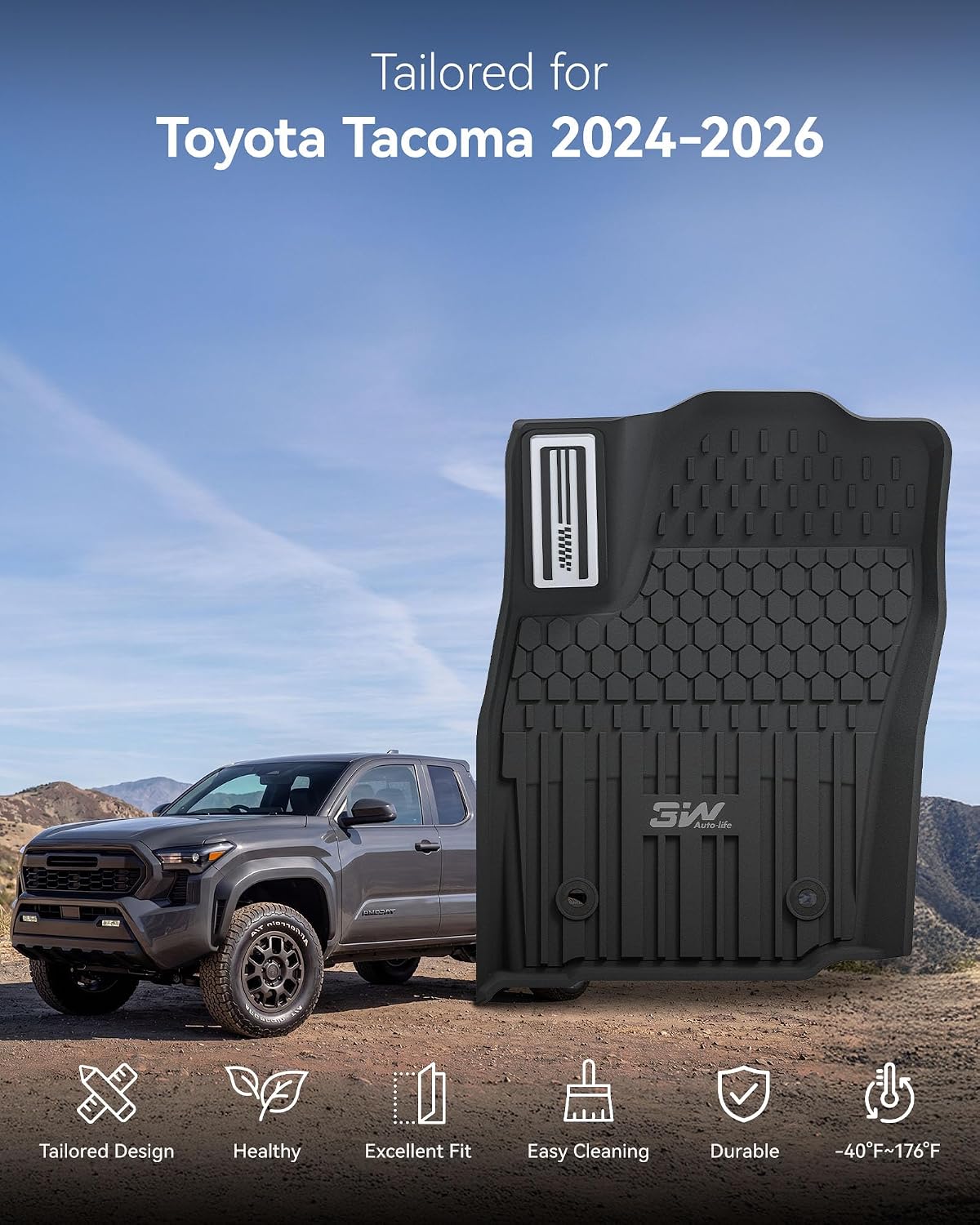3W Floor Mats for Toyota Tacoma 2024-2026 Double Cab Auto Tran(Not Fit Hybrid & XtraCab) with Metal Pedals, TPE All Weather Custom Fit Floor Liner for Tacoma TRD/SR/SR5/limited Car Liners.