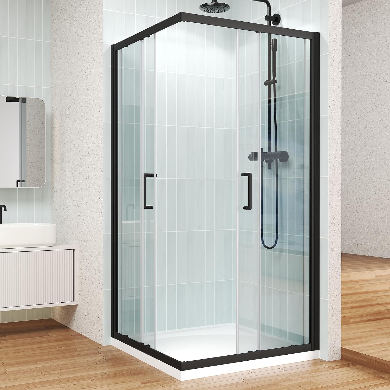 ENSO SENKA Corner Shower Enclosure 36' D X 36' W X72' H Shower Stall for Walk in Shower, 1/4' Thick Clear SGCC Tempered Glass Sliding Shower Door, Matte Black (Shower Base Not Included)