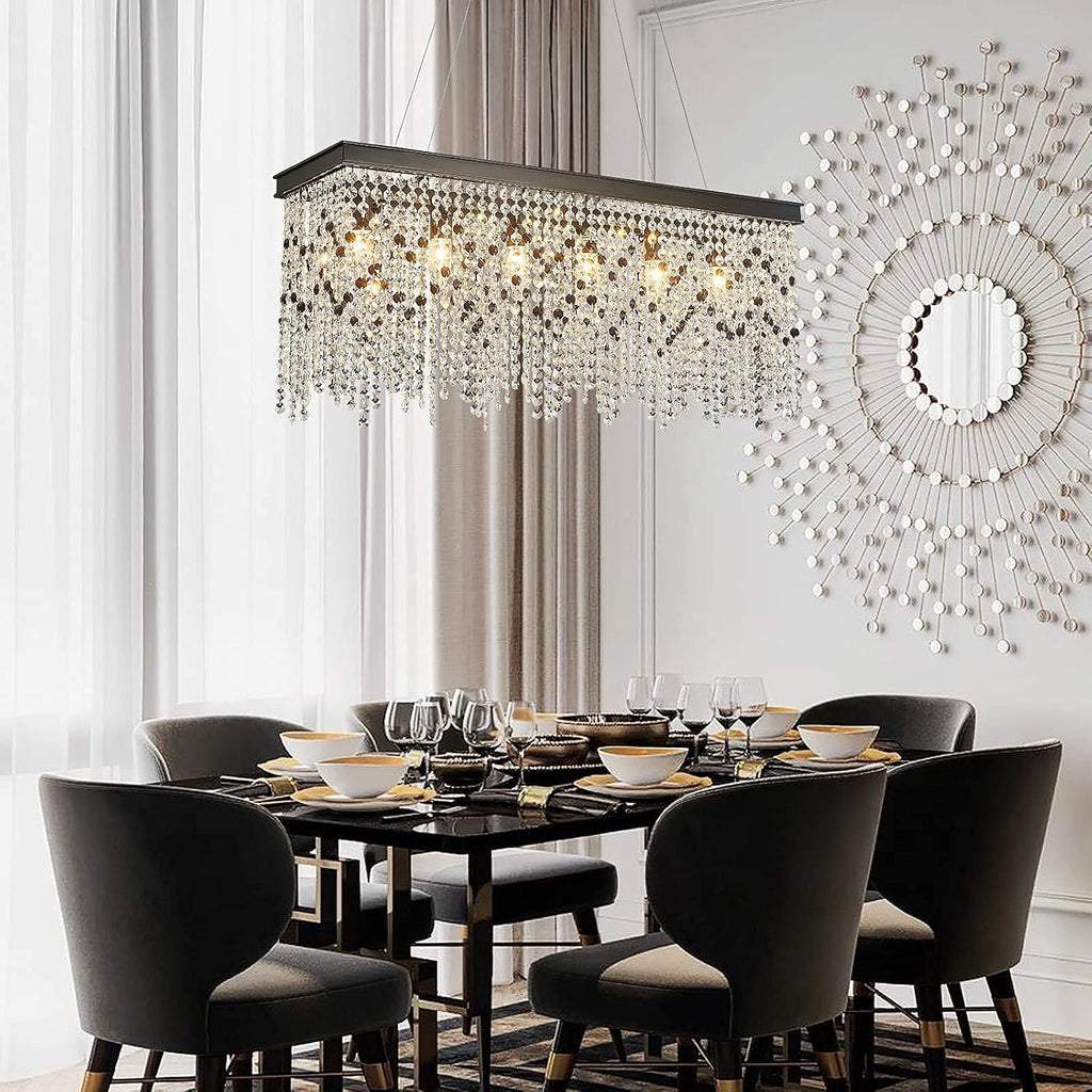 Q&S Black Modern Crystal Chandelier,L30 6-Light Luxury Rectangle Chandelier Light Fixtures for Dining Room Kitchen Island Bar UL Listed